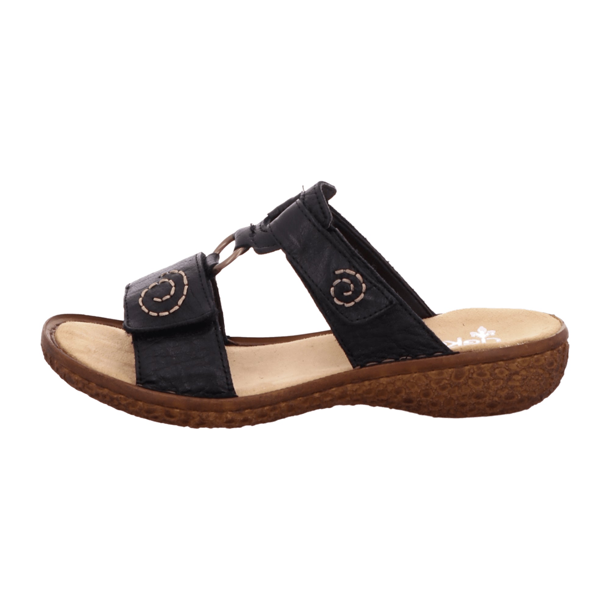 Rieker Women's Black Leather Slide Sandals with 30mm Heel and Velcro Closure