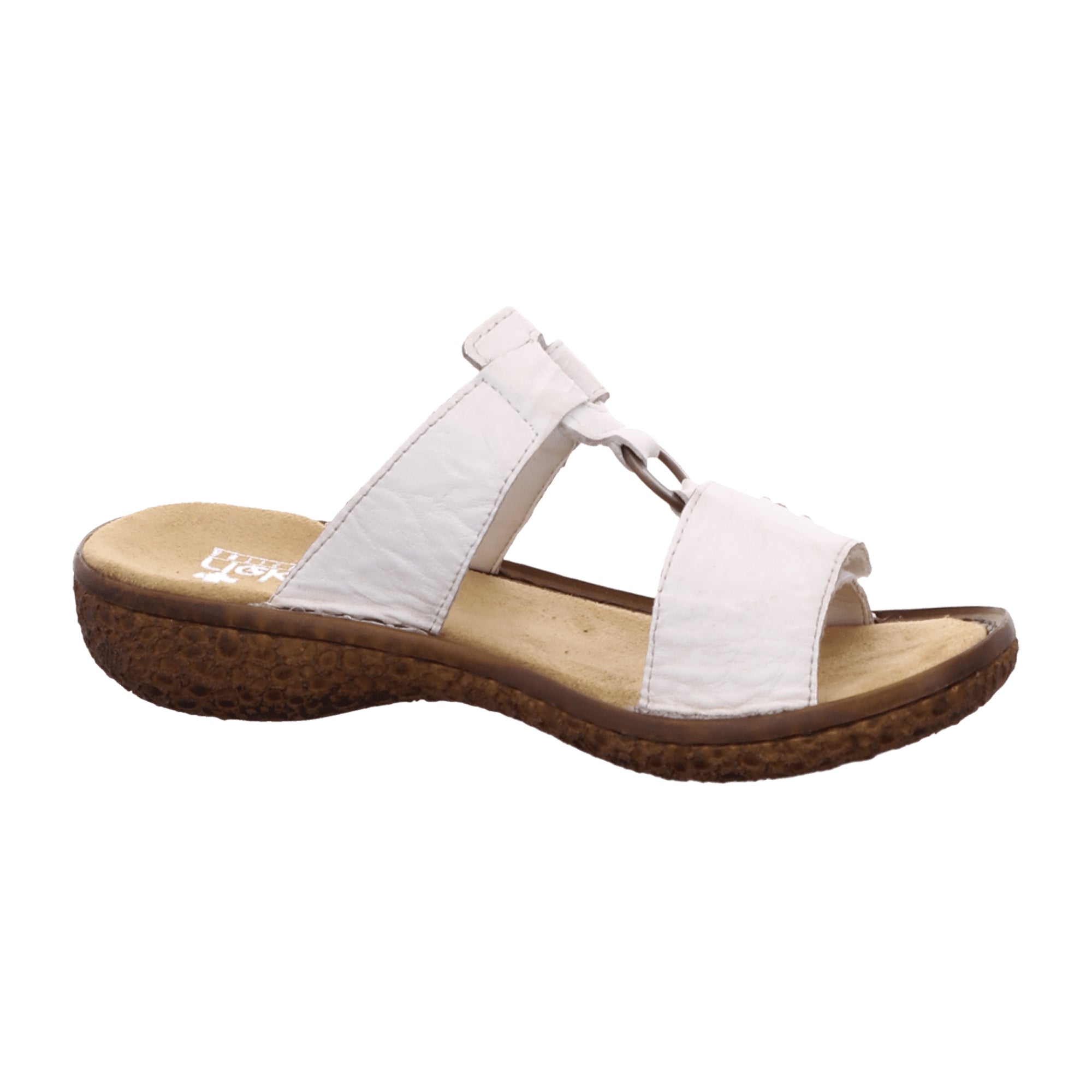 Rieker Women's White Leather Pantolette Sandals with 30mm Heel and Velcro Strap