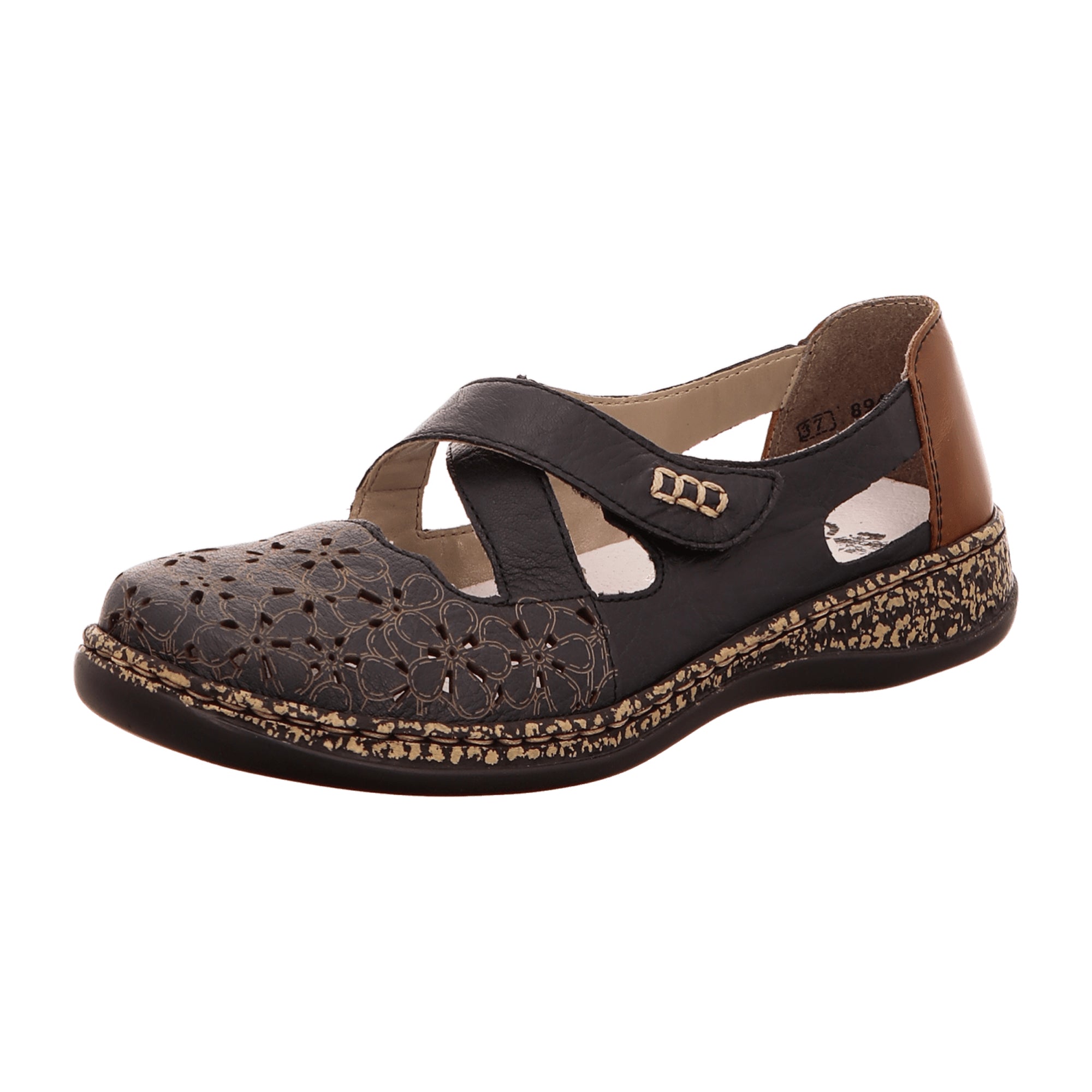 Rieker Damen Slipper Halbschuh Blau Echtleder mit Klettverschluss und Komfort