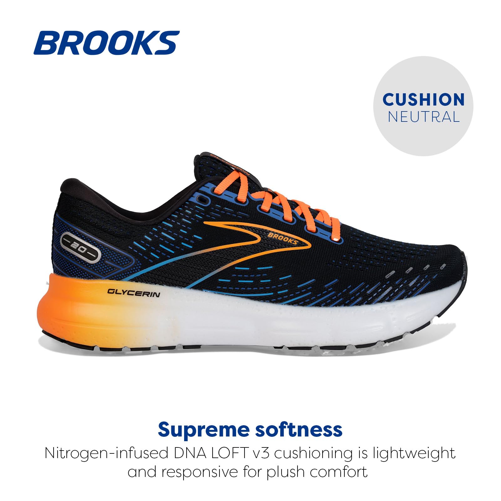 Brooks Glycerin 20 Men's Running Shoes Black Classic Blue Orange Mesh