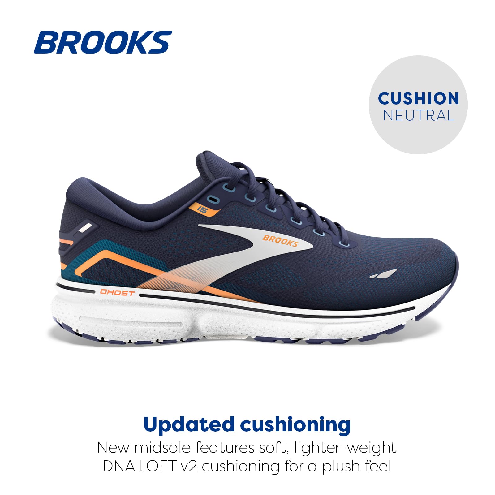 Brooks Ghost 15 Men Road Running Shoes Lightweight Blue Orange Pop Rubber