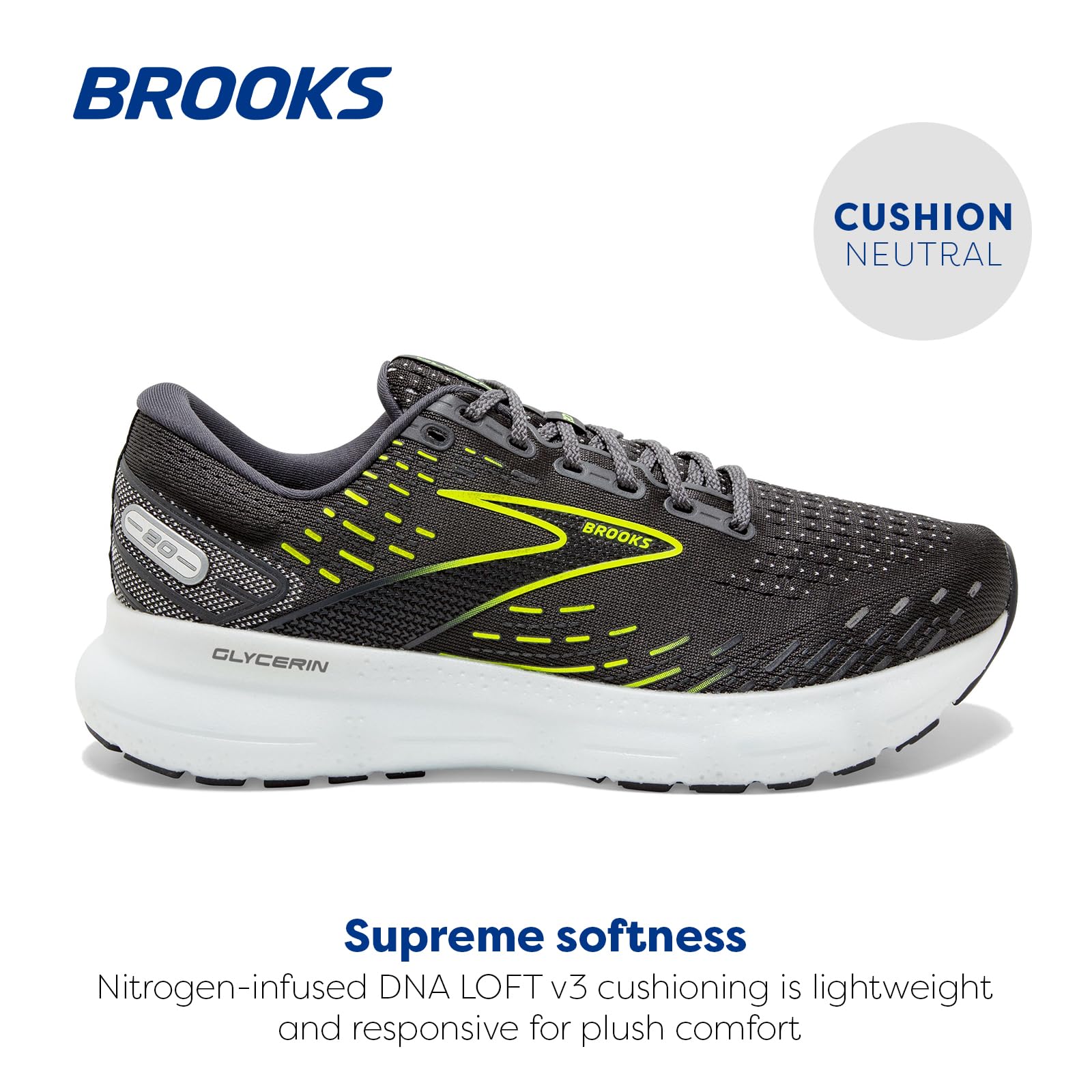 Brooks Glycerin 20 Men's Road Running Shoes Ebony White Nightlife Lightweight Breathable