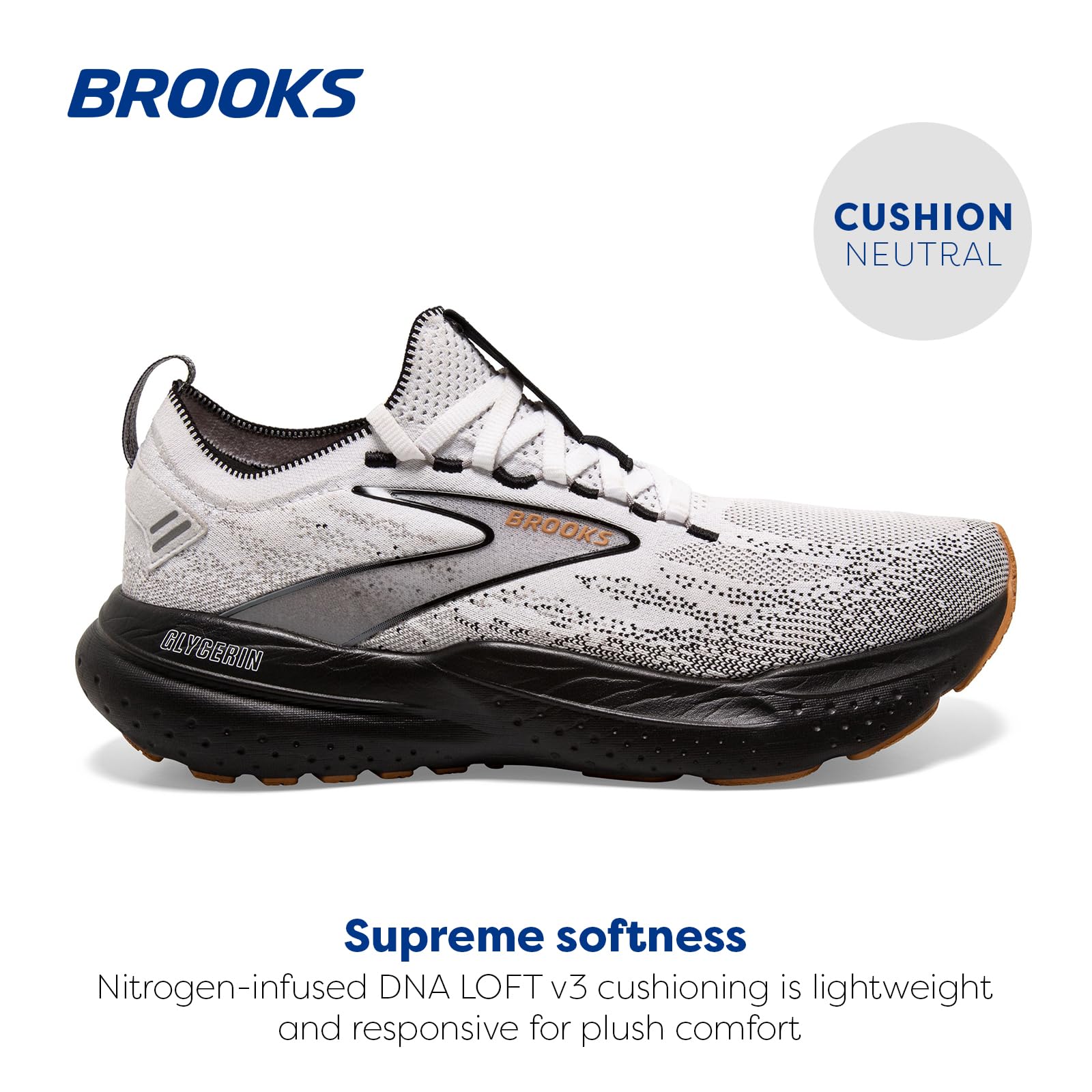 Brooks Men's Glycerin 21 StealthFit Neutral Running Shoes – Cushioned, White/Gray/Black