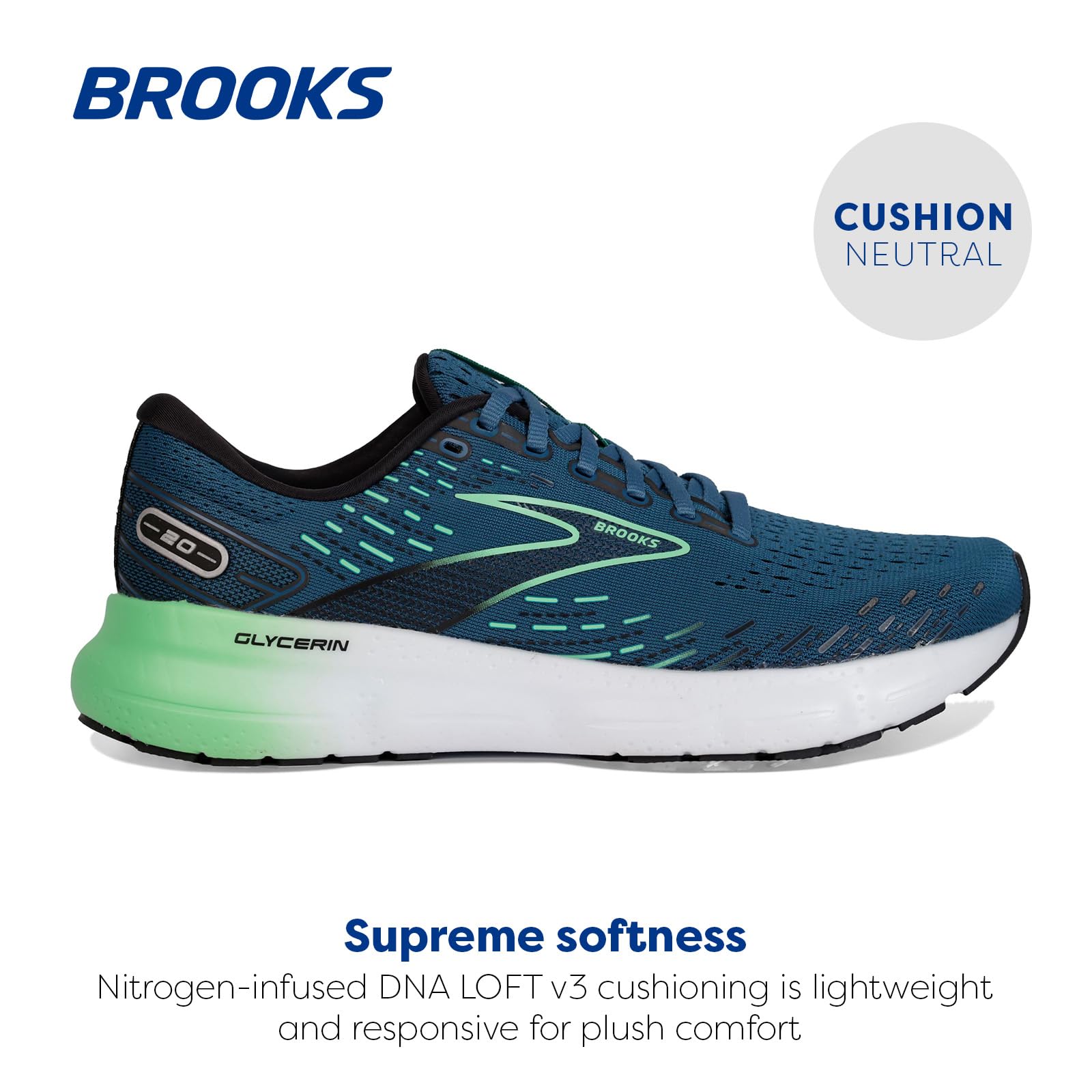 Brooks Men's Glycerin 20 Running Shoes, Moroccan Blue/Black/Spring Bud