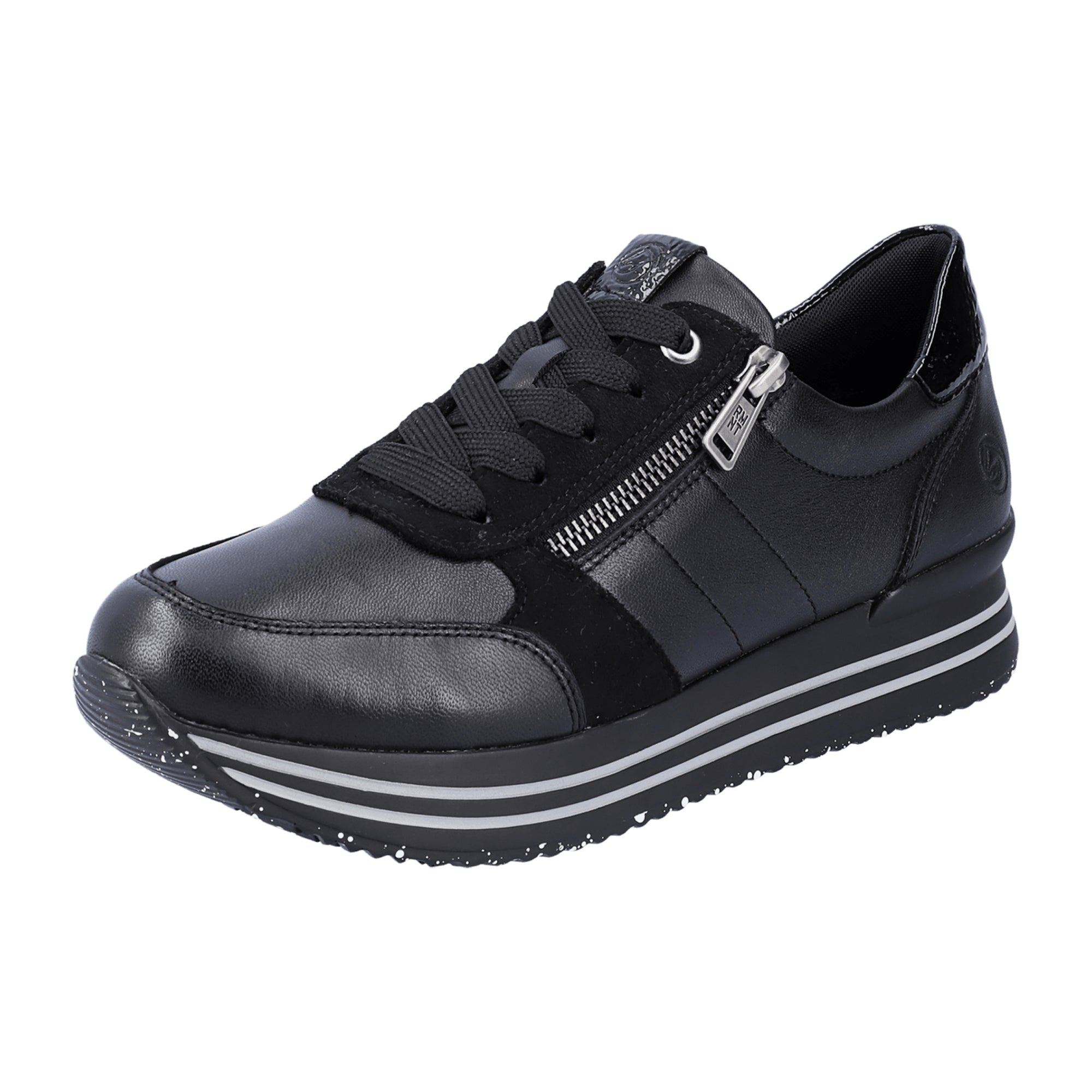Remonte Women's Black Leather Sneakers with Zip and Lace-Up Closure