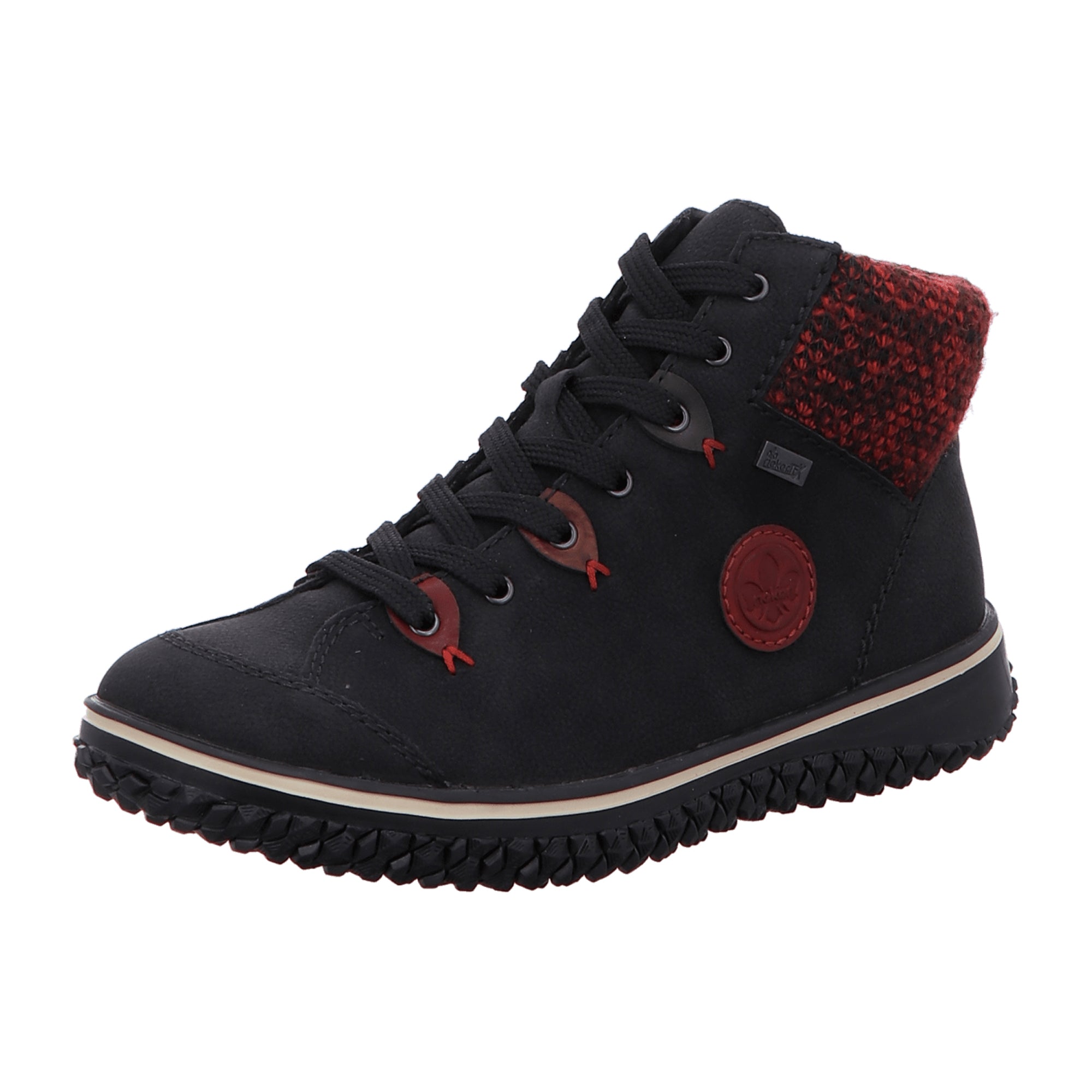 Rieker Black Ladies Ankle Boots with Red Cuff Warm Lined Comfortable Design