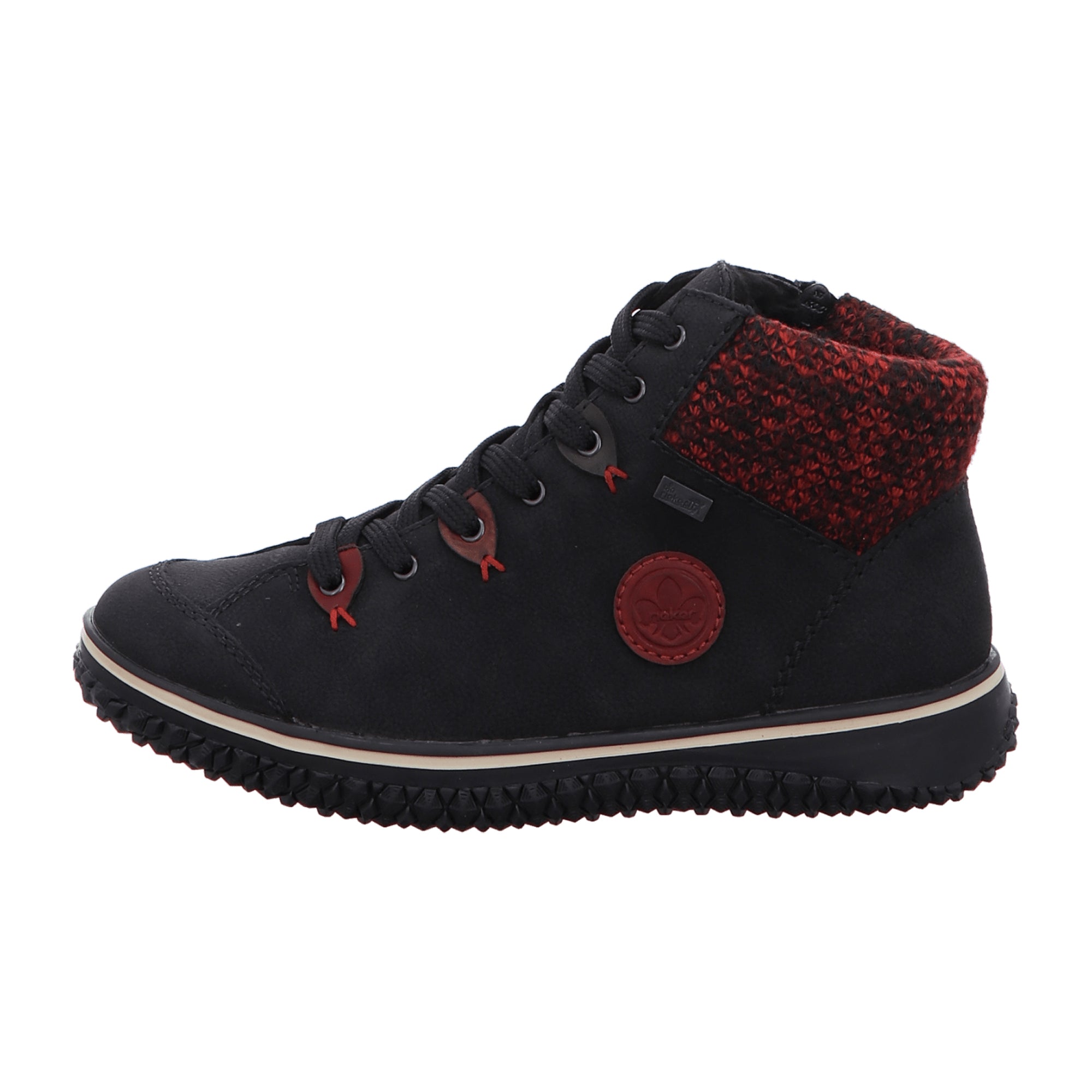 Rieker Black Ladies Ankle Boots with Red Cuff Warm Lined Comfortable Design