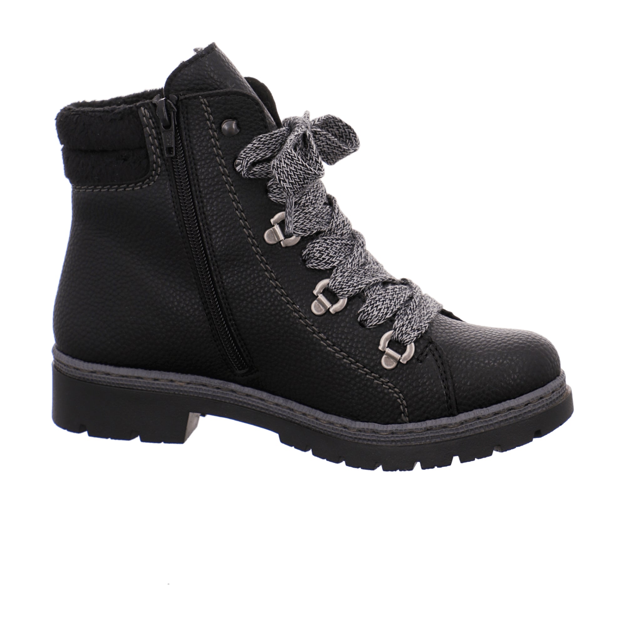 Rieker Women's Black Boots Lace-Up Round Toe Flat Heel Winter Textured Sole