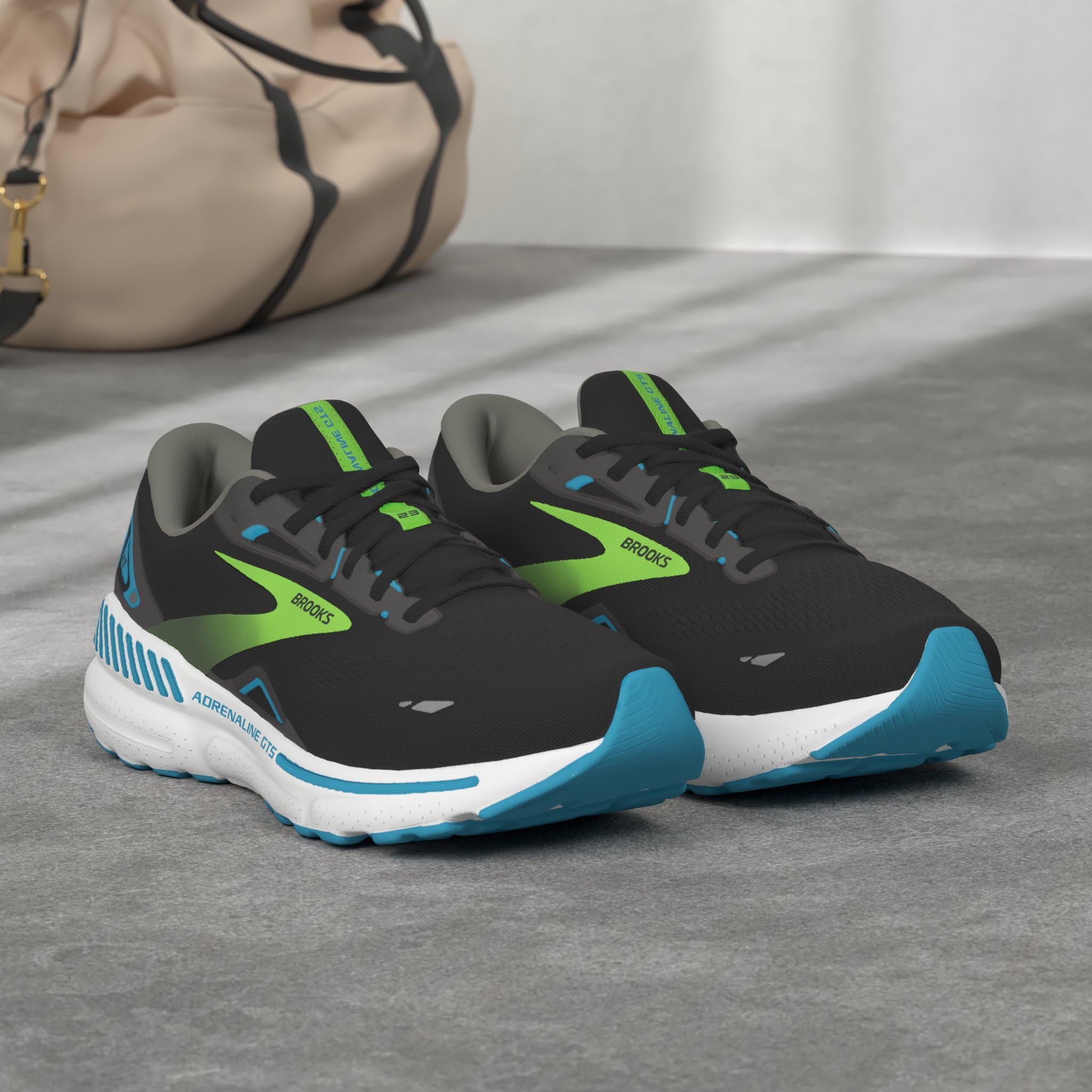 Brooks Adrenaline GTS 23 Men Road Running Shoes Black Green Lightweight Cushioned