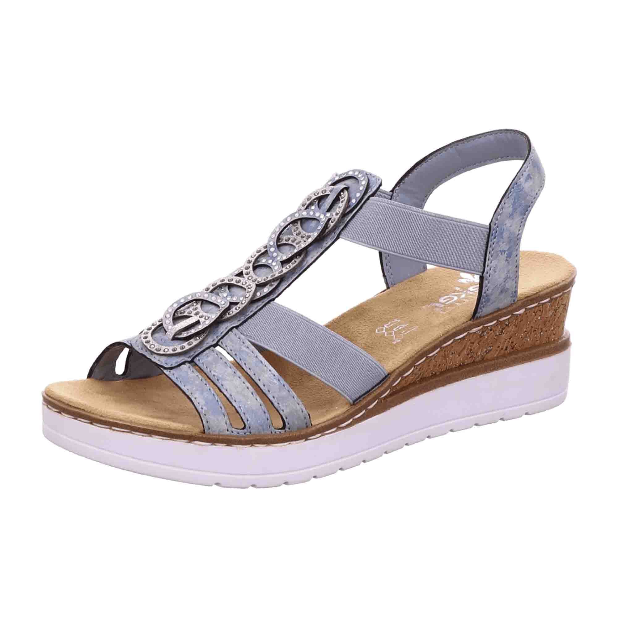 Rieker Women’s Blue Wedge Sandals with Elastic and Decorative Straps