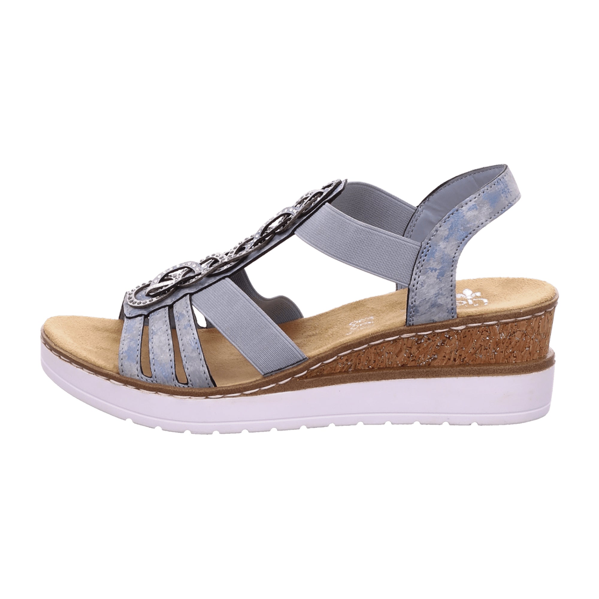 Rieker Women’s Blue Wedge Sandals with Elastic and Decorative Straps