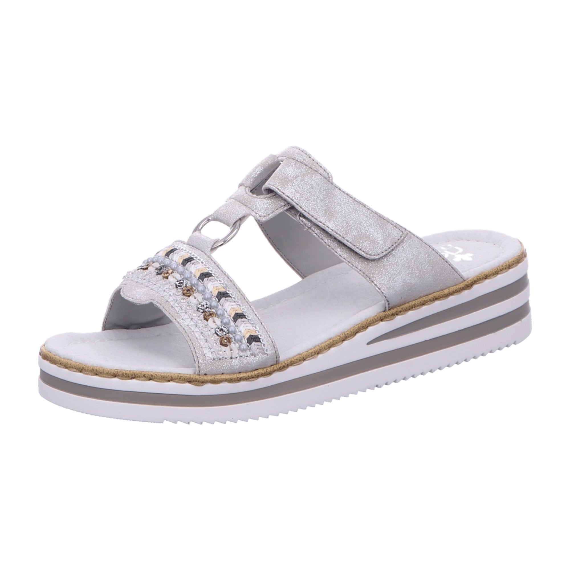 Rieker Women's Silver Slip-On Sandals with 30mm Heel and Comfort Footbed