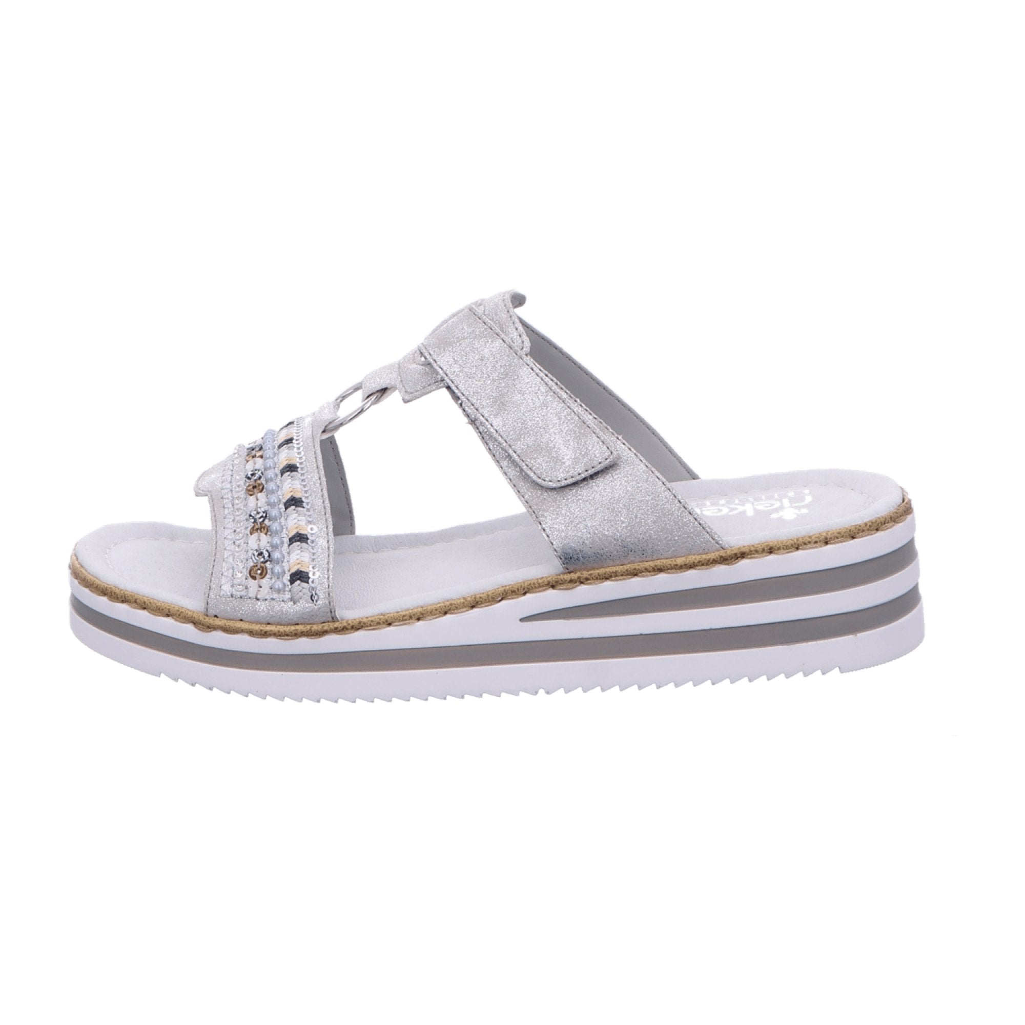Rieker Women's Silver Slip-On Sandals with 30mm Heel and Comfort Footbed