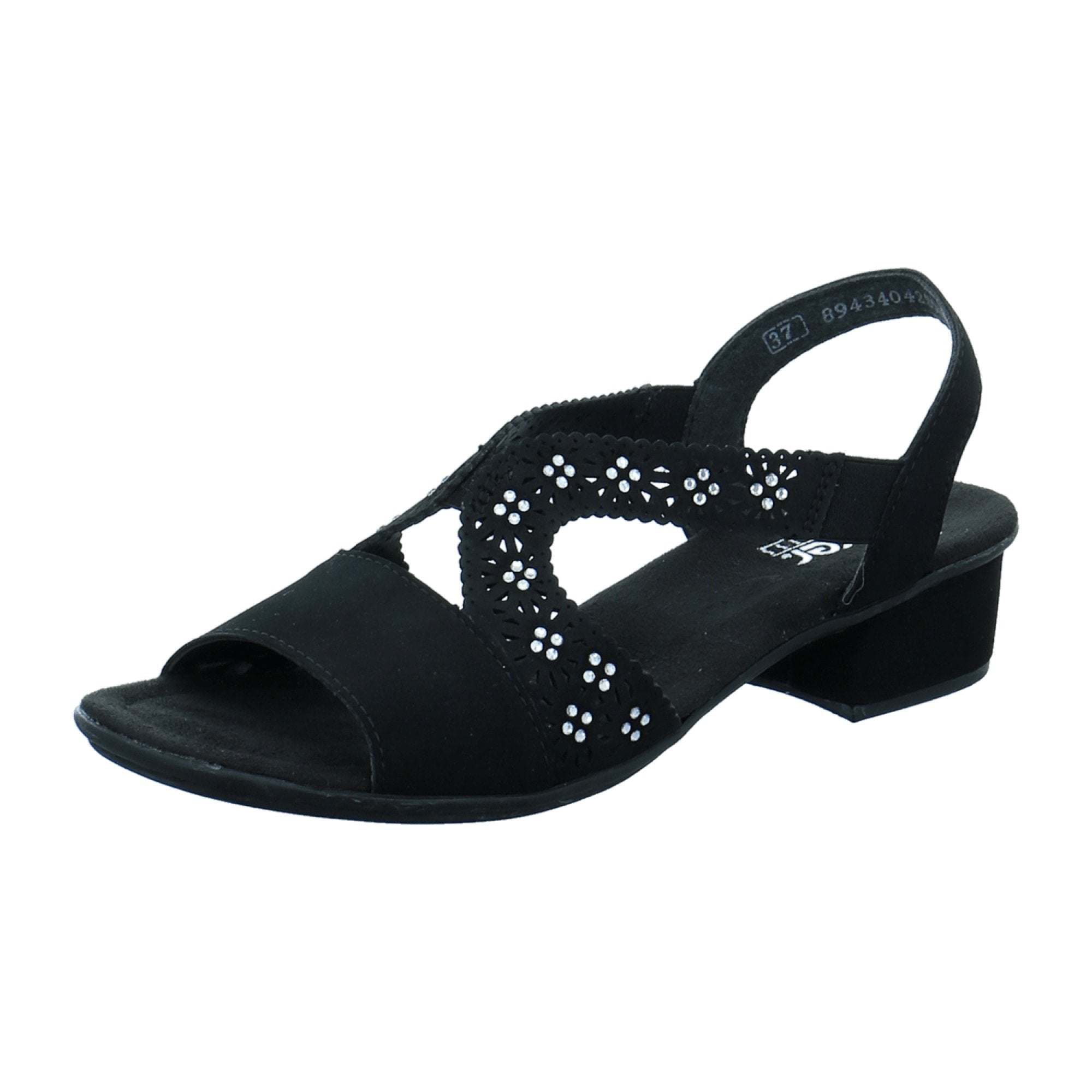 Rieker Comfortable Women's Black Sandals with Strap and Rhinestones