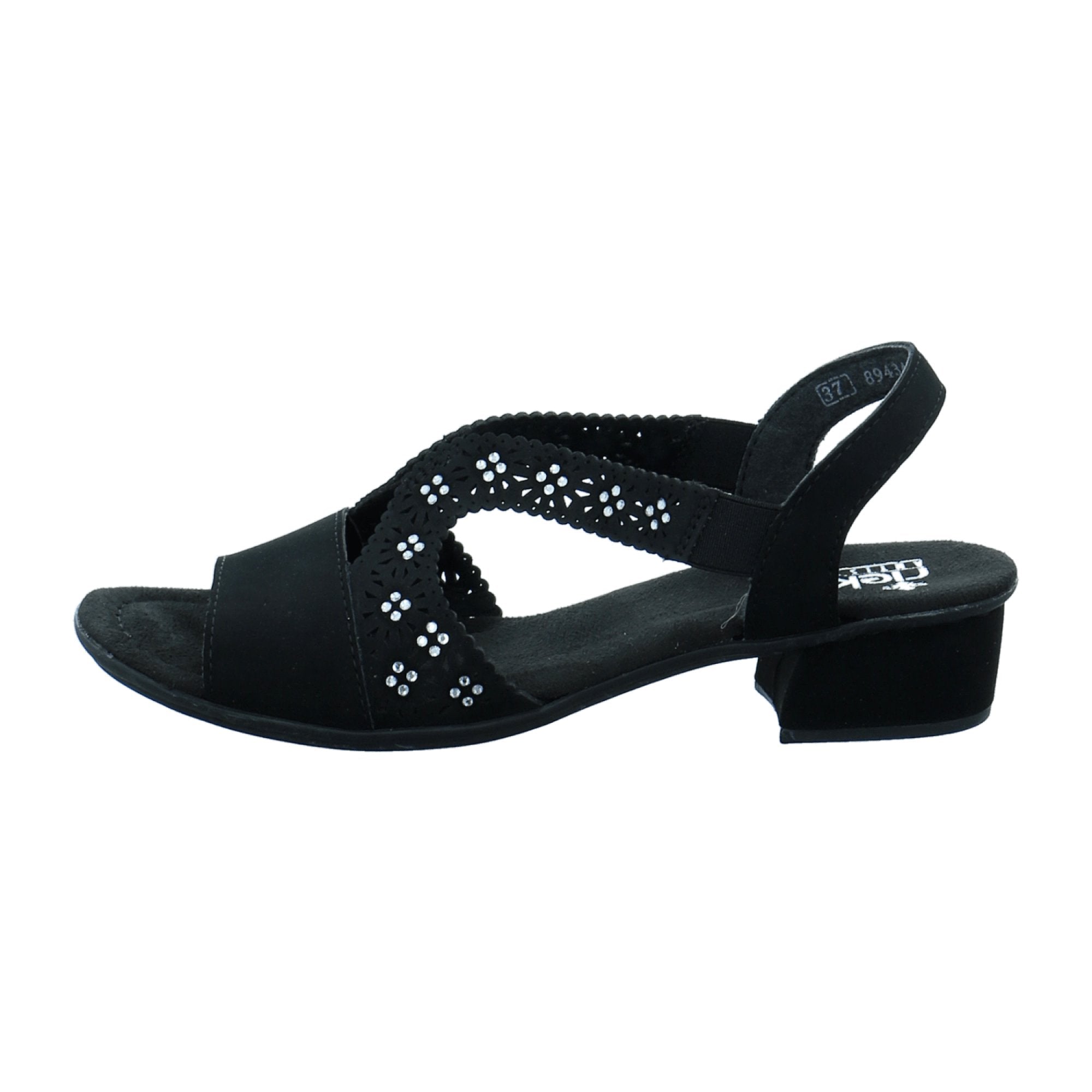 Rieker Comfortable Women's Black Sandals with Strap and Rhinestones