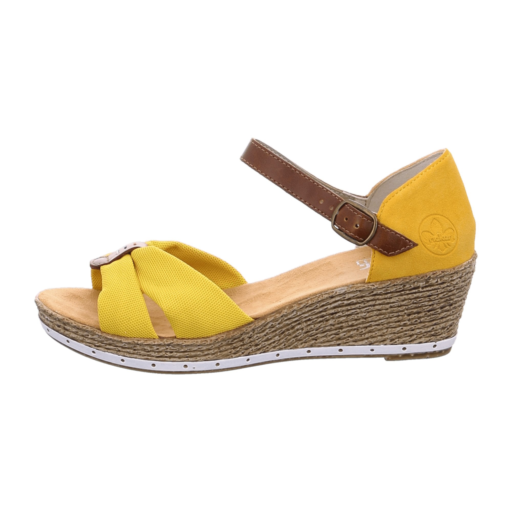 Rieker Women's Yellow Sandal Trendy Textile and Faux Leather Wedge Heel