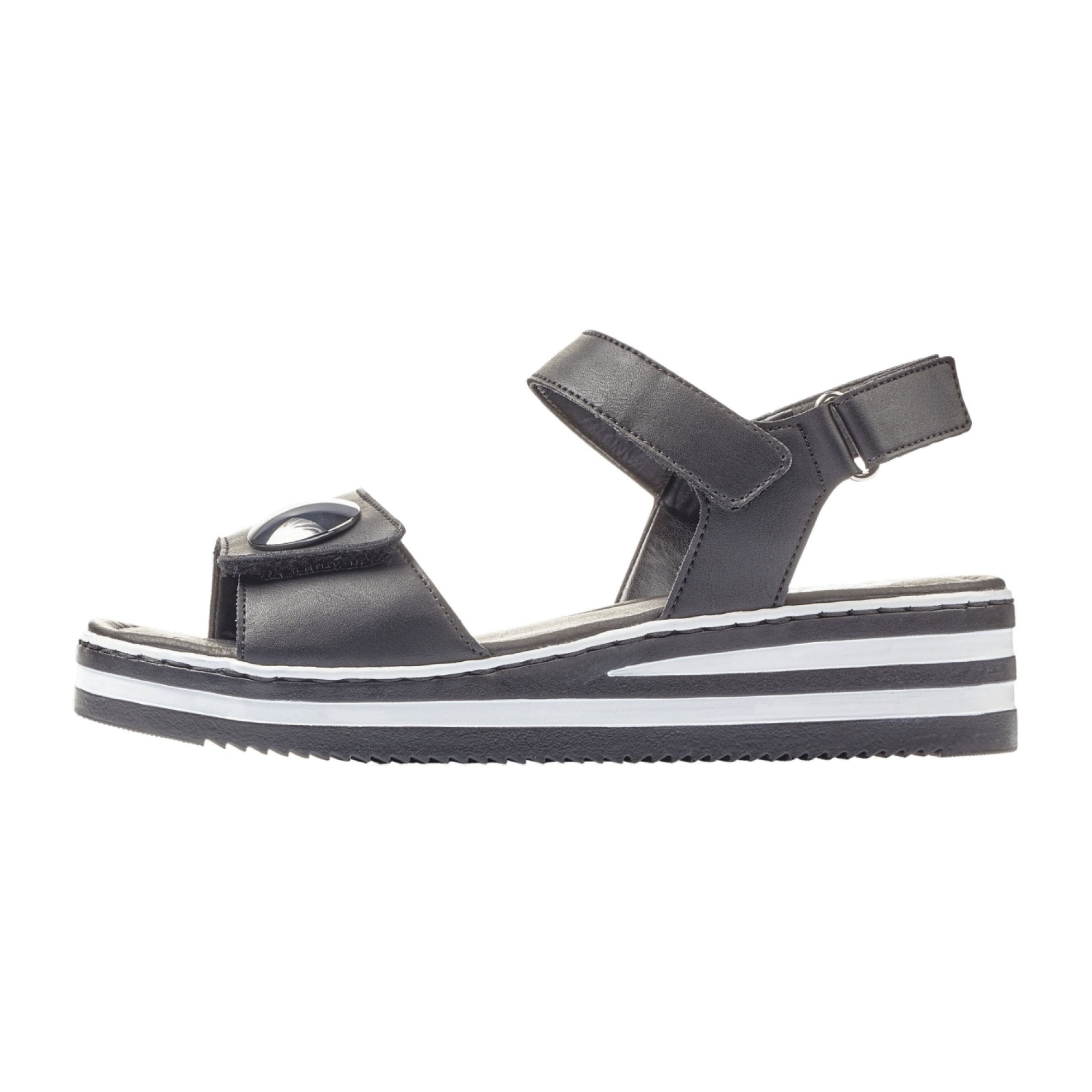 Rieker Comfortable Black Women's Sandals with Wedge Heel and Velcro Strap