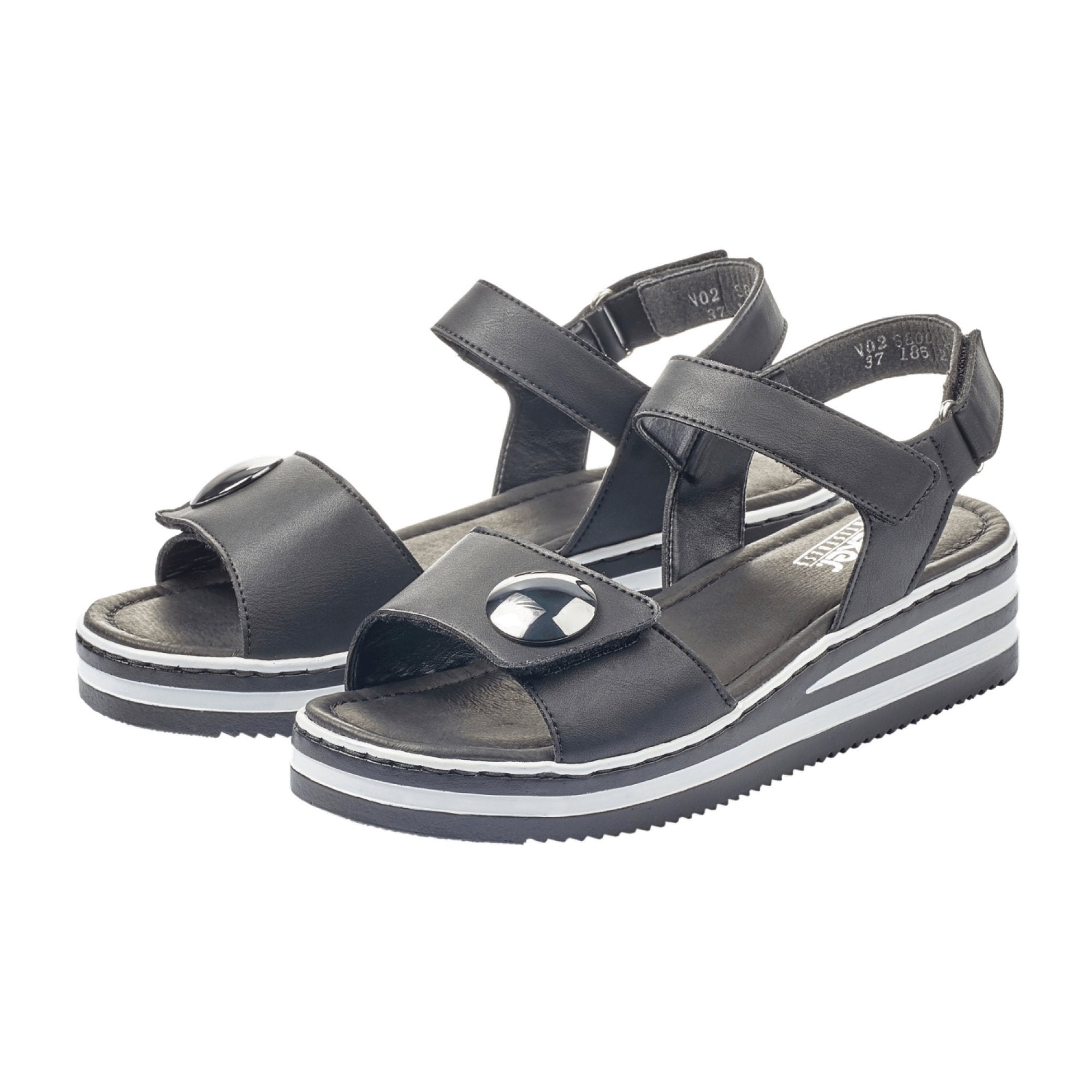 Rieker Comfortable Black Women's Sandals with Wedge Heel and Velcro Strap