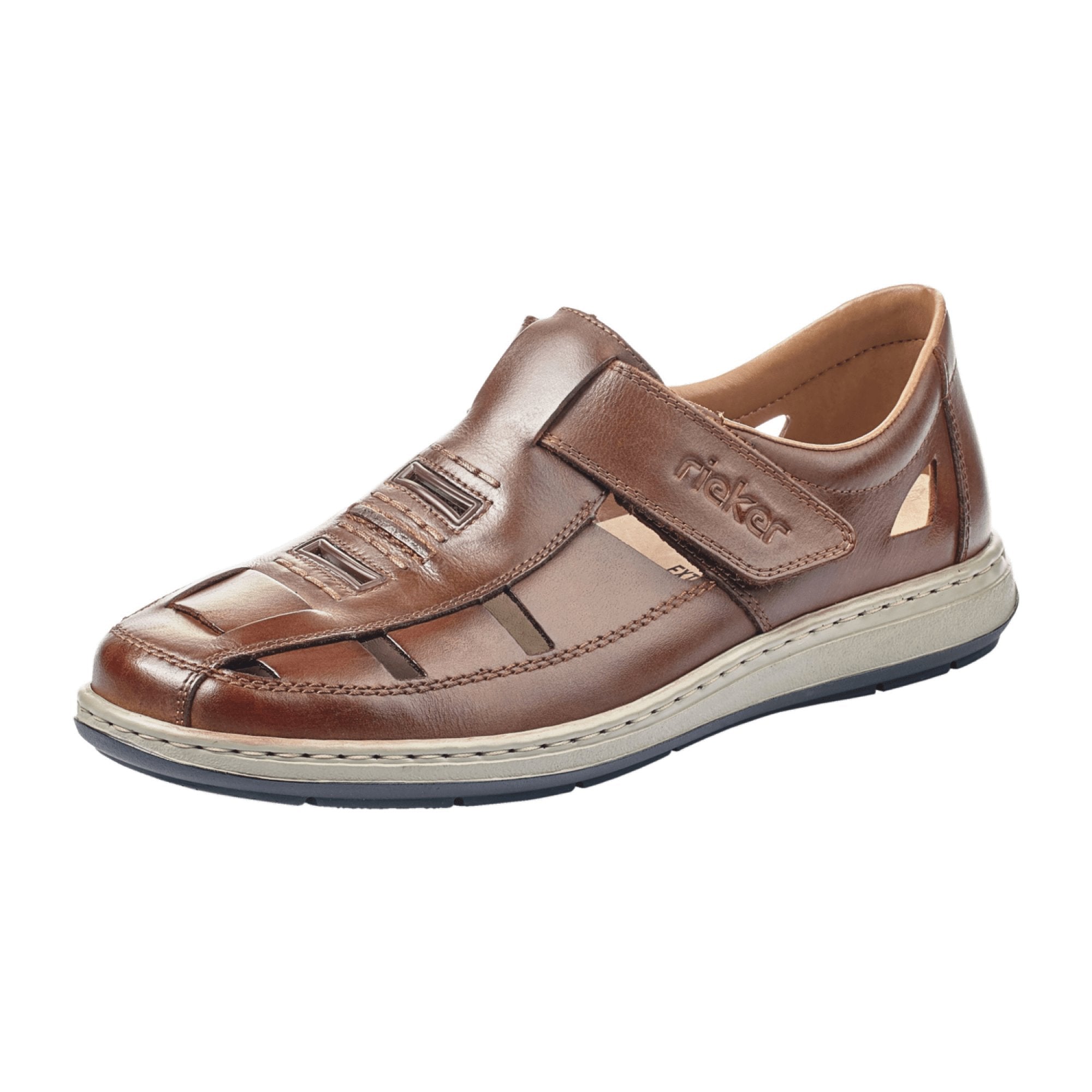 Rieker Comfortable Men's Brown Leather Sandals with Velcro Strap and Cushioned Sole