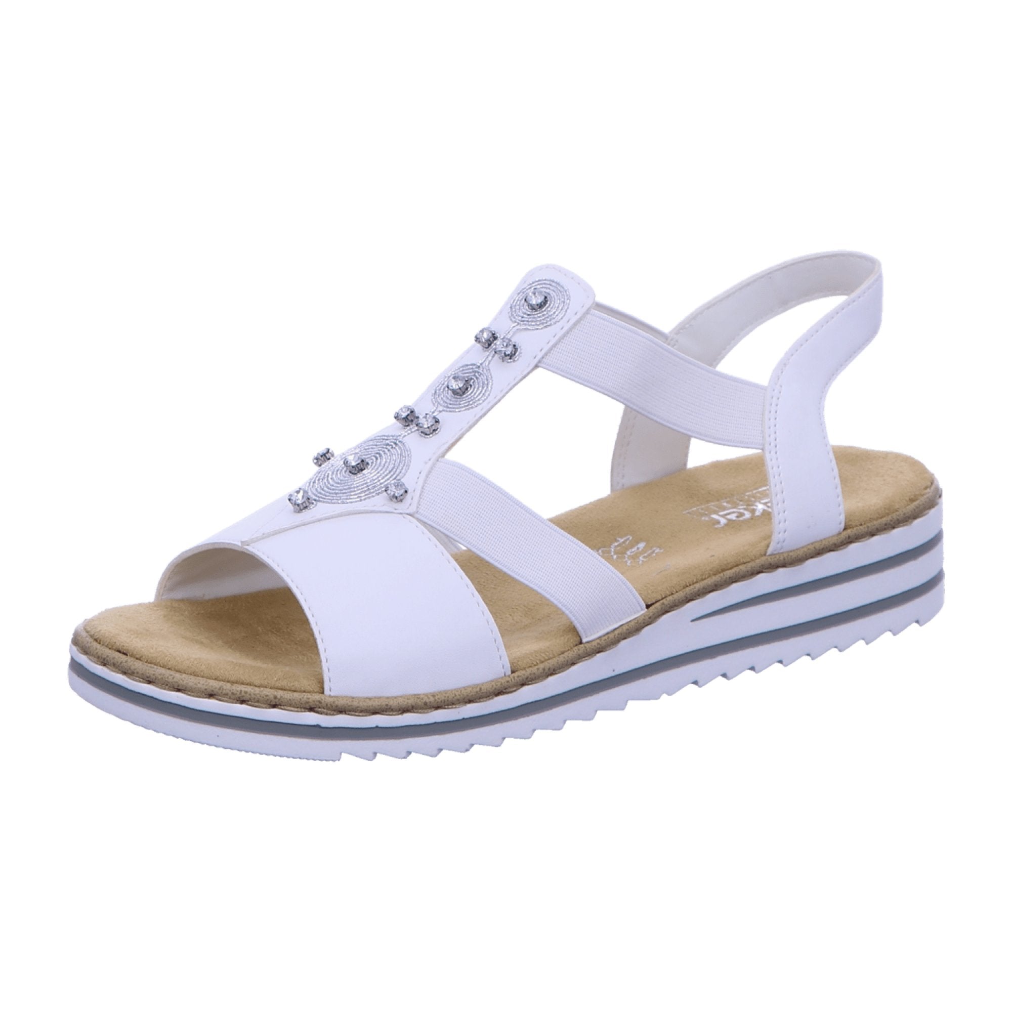 Rieker Women's White Sandals with Silver Accents and Comfortable Wedge Heel