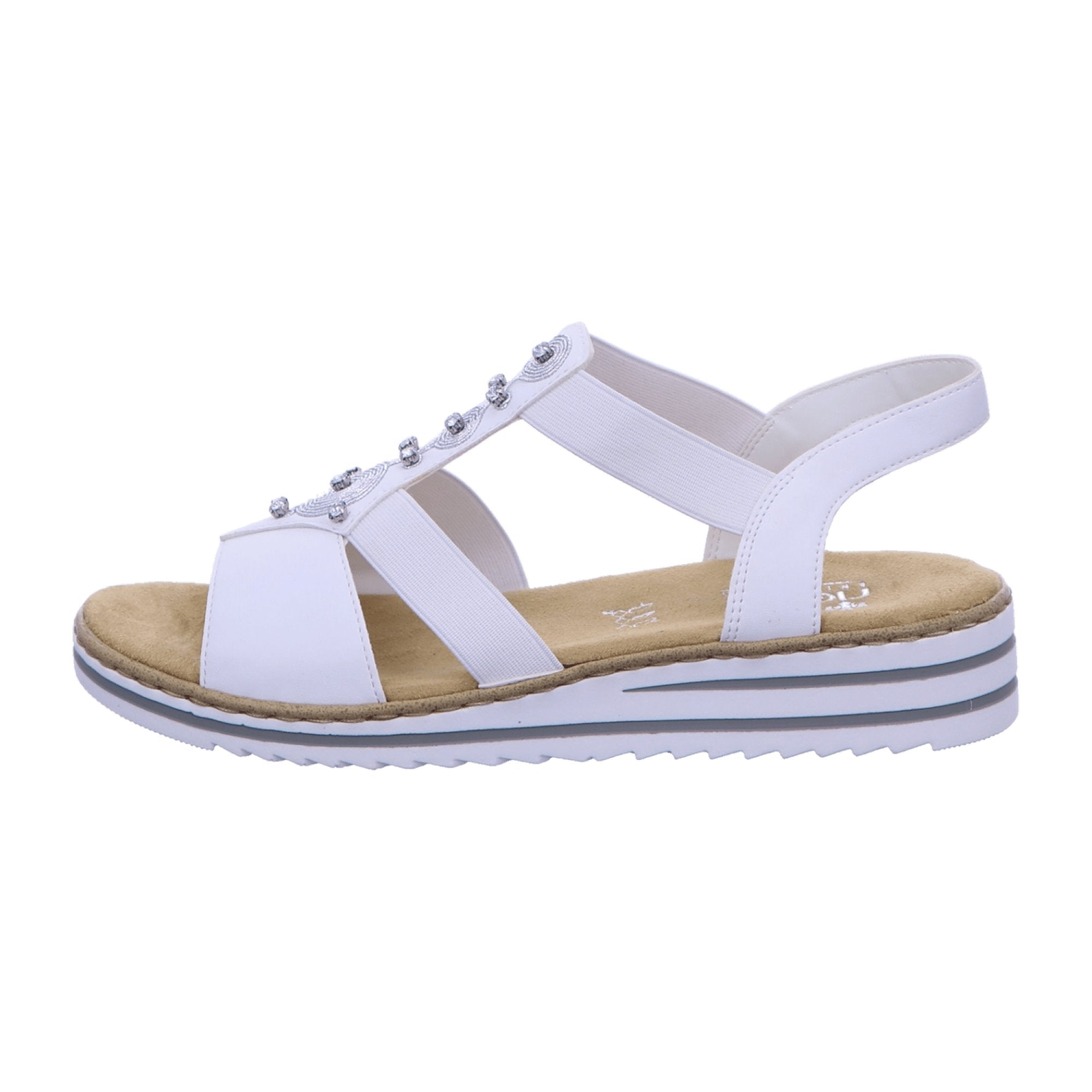 Rieker Women's White Sandals with Silver Accents and Comfortable Wedge Heel