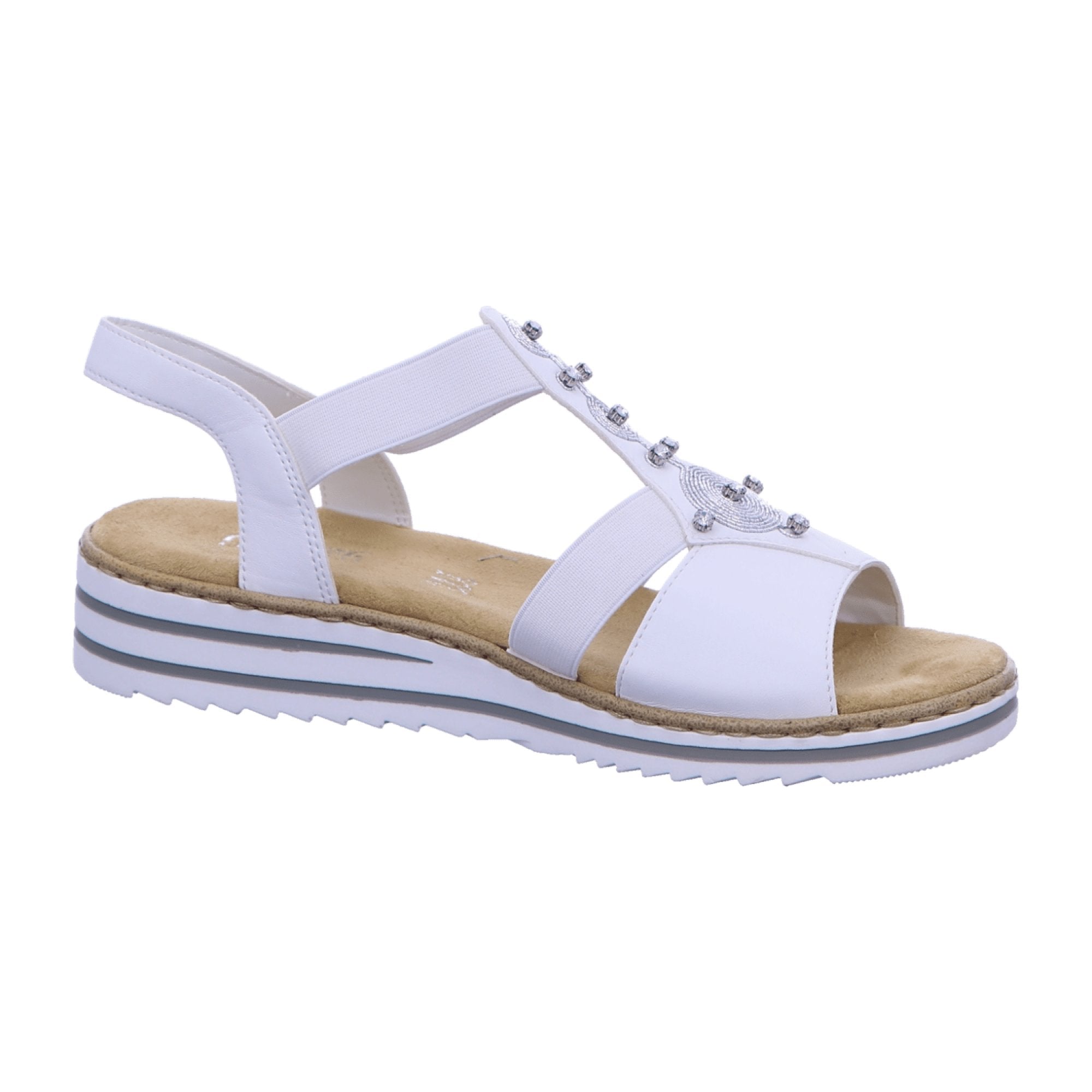 Rieker Women's White Sandals with Silver Accents and Comfortable Wedge Heel