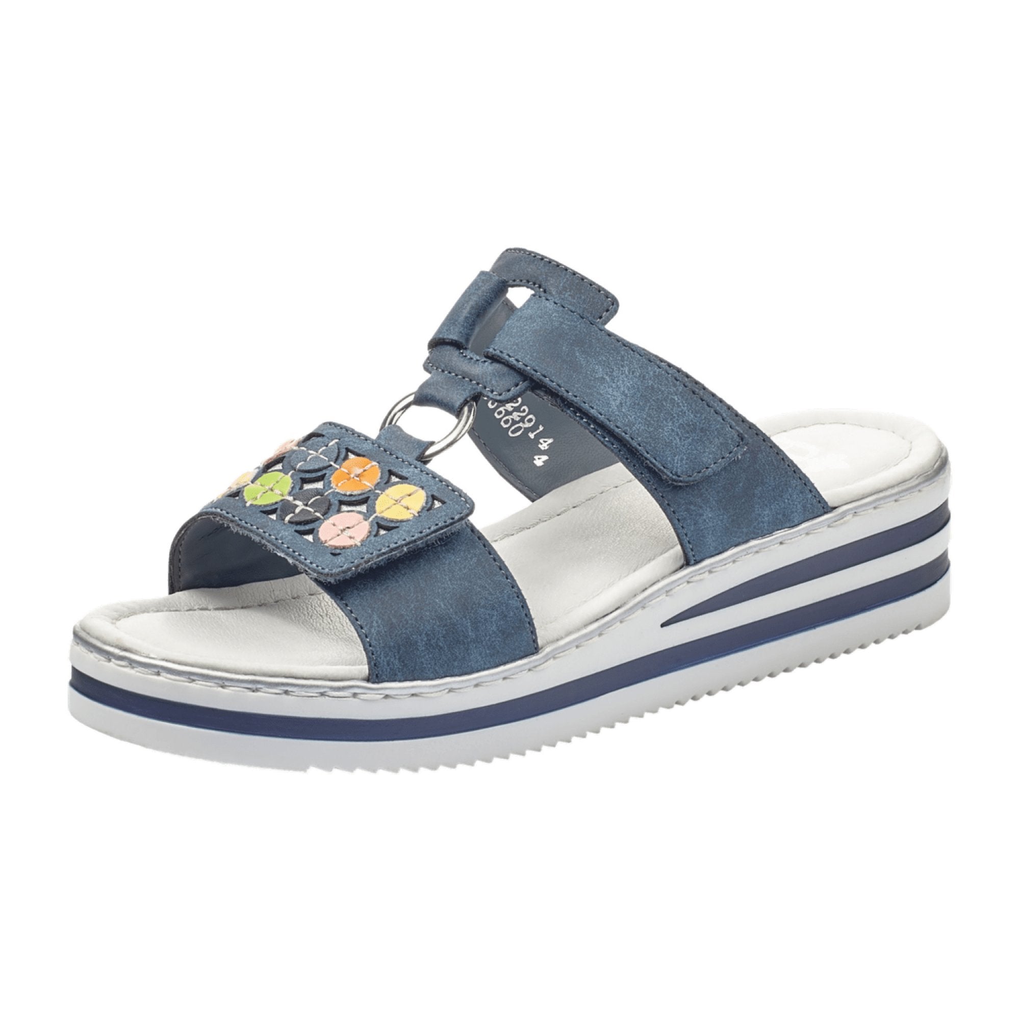 Rieker V0229 Women's Blue Sandals with Velcro Strap and Flat Heel