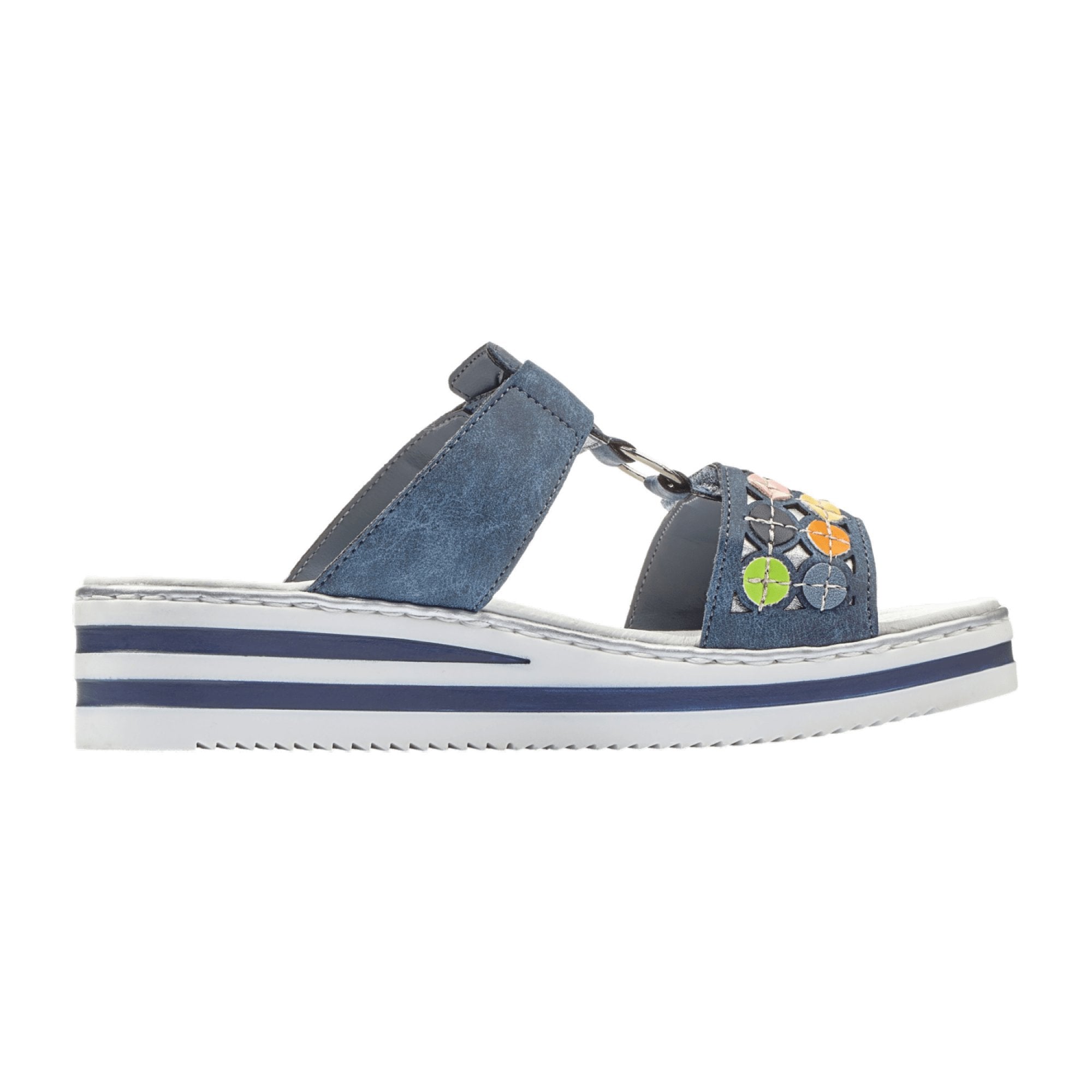 Rieker V0229 Women's Blue Sandals with Velcro Strap and Flat Heel