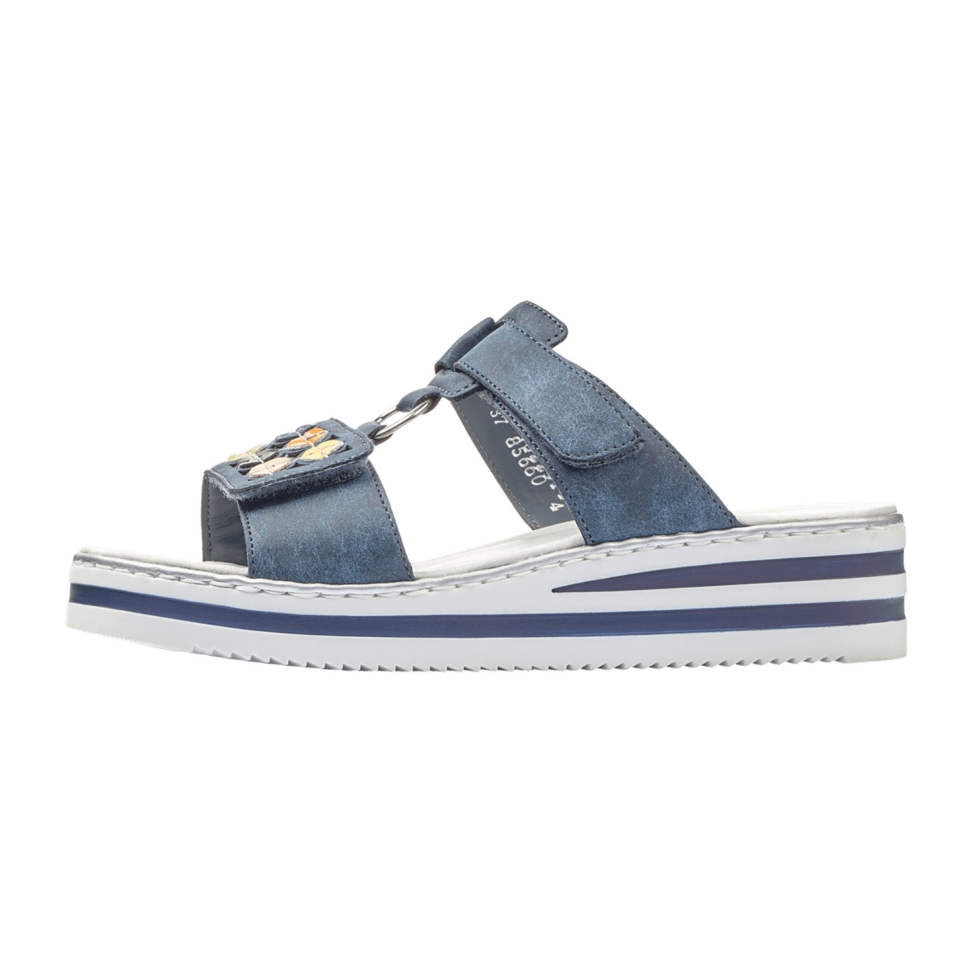 Rieker V0229 Women's Blue Sandals with Velcro Strap and Flat Heel