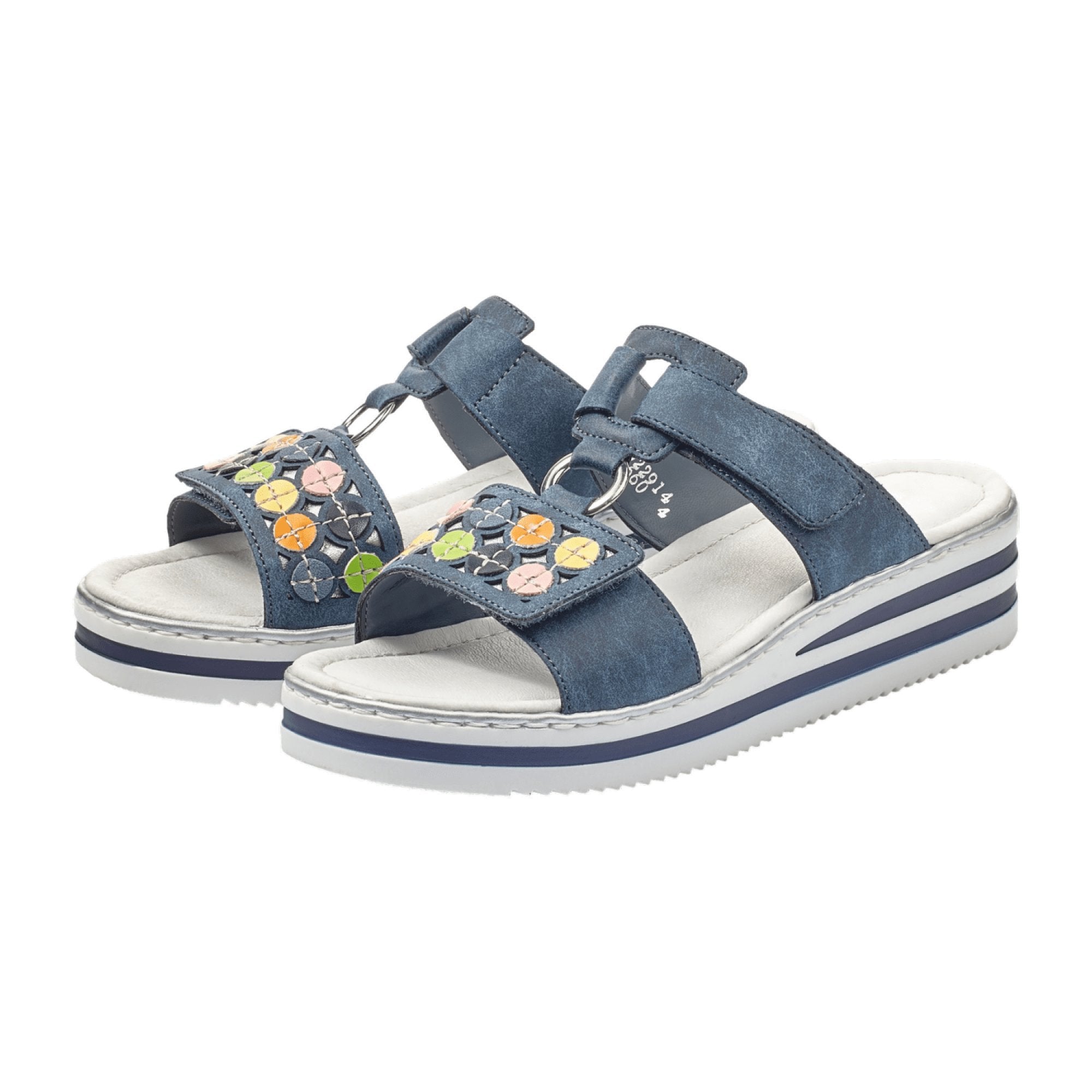 Rieker V0229 Women's Blue Sandals with Velcro Strap and Flat Heel