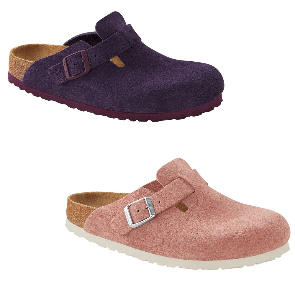 Birkenstock Boston Suede Leather SFB Clogs Mules Slippers Wine Pink Clay New - Bartel-Shop