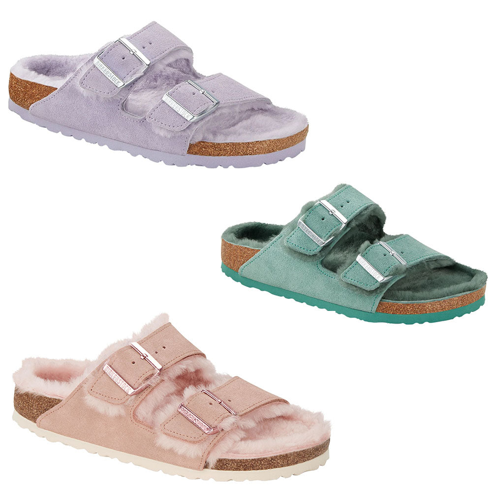 Birkenstock Arizona Shearling Leather Suede Slippers Clogs Mules Rose Fog Beryl - Bartel-Shop