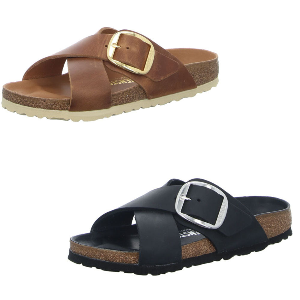 Birkenstock Siena Big Buckle Cognac Black Leather Cross Slides Sandals Mules New - Bartel-Shop