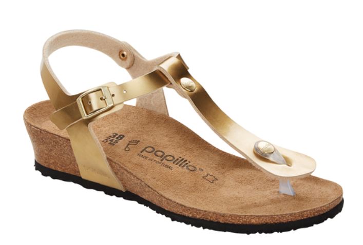 Birkenstock Papillio Ashley Metallic Gold Ankle Strap Thongs Sandals Wedge Heel - Bartel-Shop