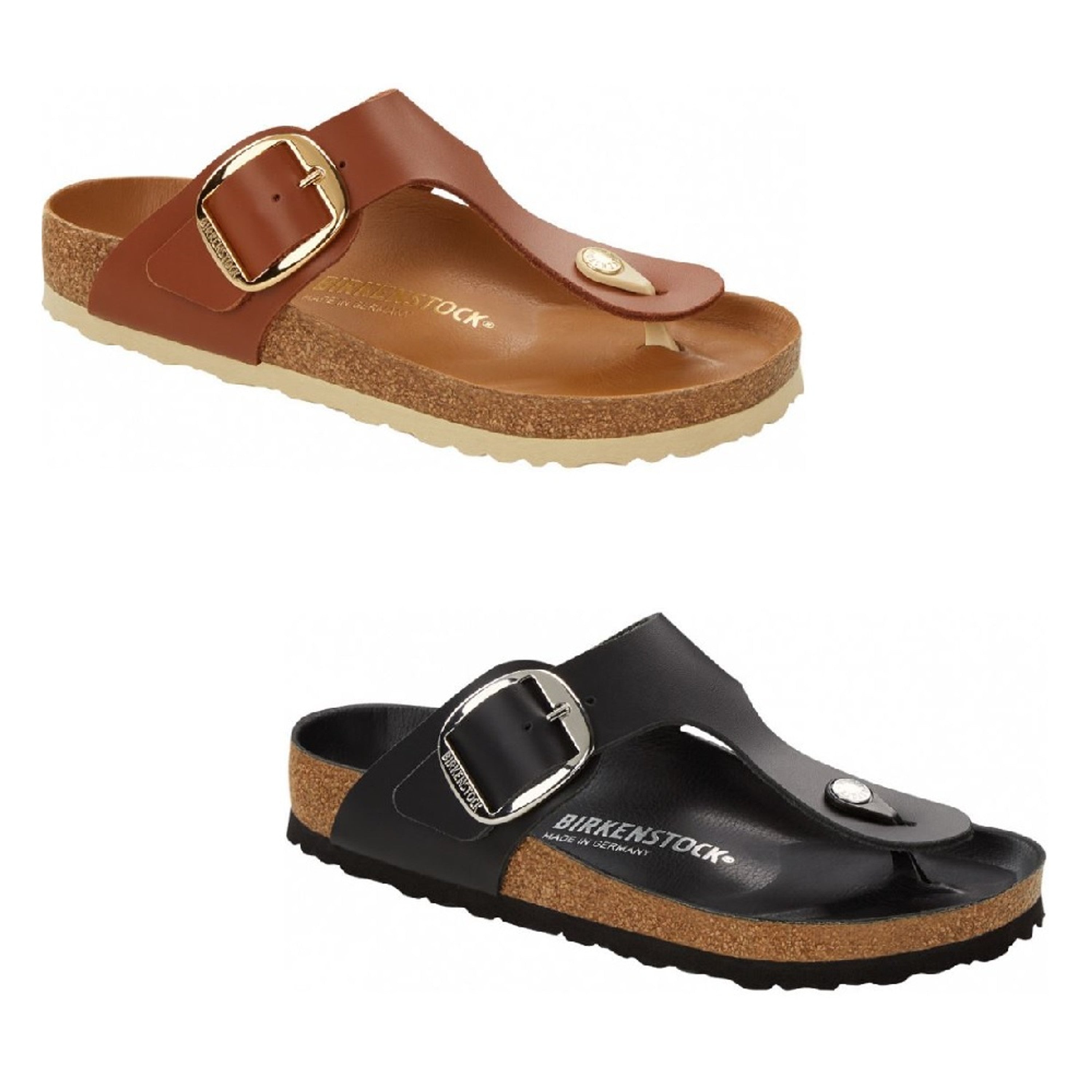 Birkenstock Gizeh Big Buckle Cognac Black Leather Thongs Sandals Flip Flops NEW - Bartel-Shop