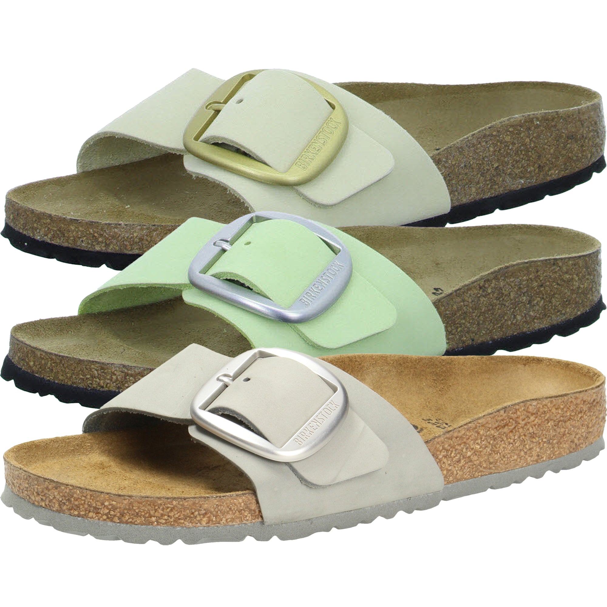 Birkenstock Madrid Big Buckle Lime Gray Ecru Nubuck Leather Slides Sandals