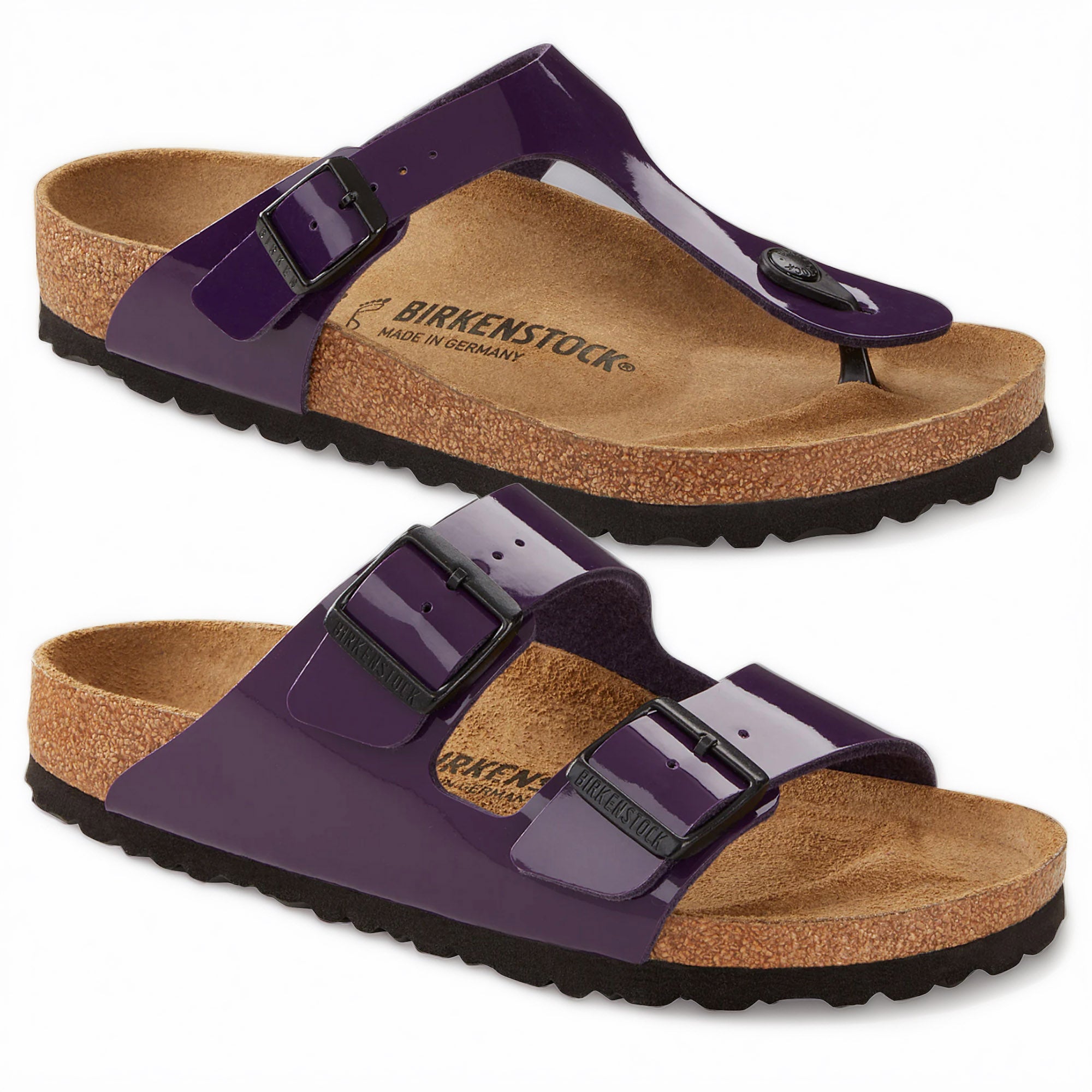 Birkenstock Arizona Gizeh Plum Purple Patent Sandals Slides Thongs BF New