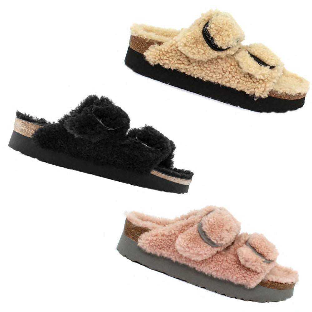 Birkenstock Papillio Arizona Big Buckle Teddy Shearling Plateau Sandals Slides Mules - Bartel-Shop