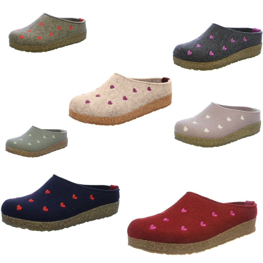 Haflinger Grizzly Cuoricino Slippers Mules Clogs Wool Felt House Shoes Hearts - Bartel-Shop