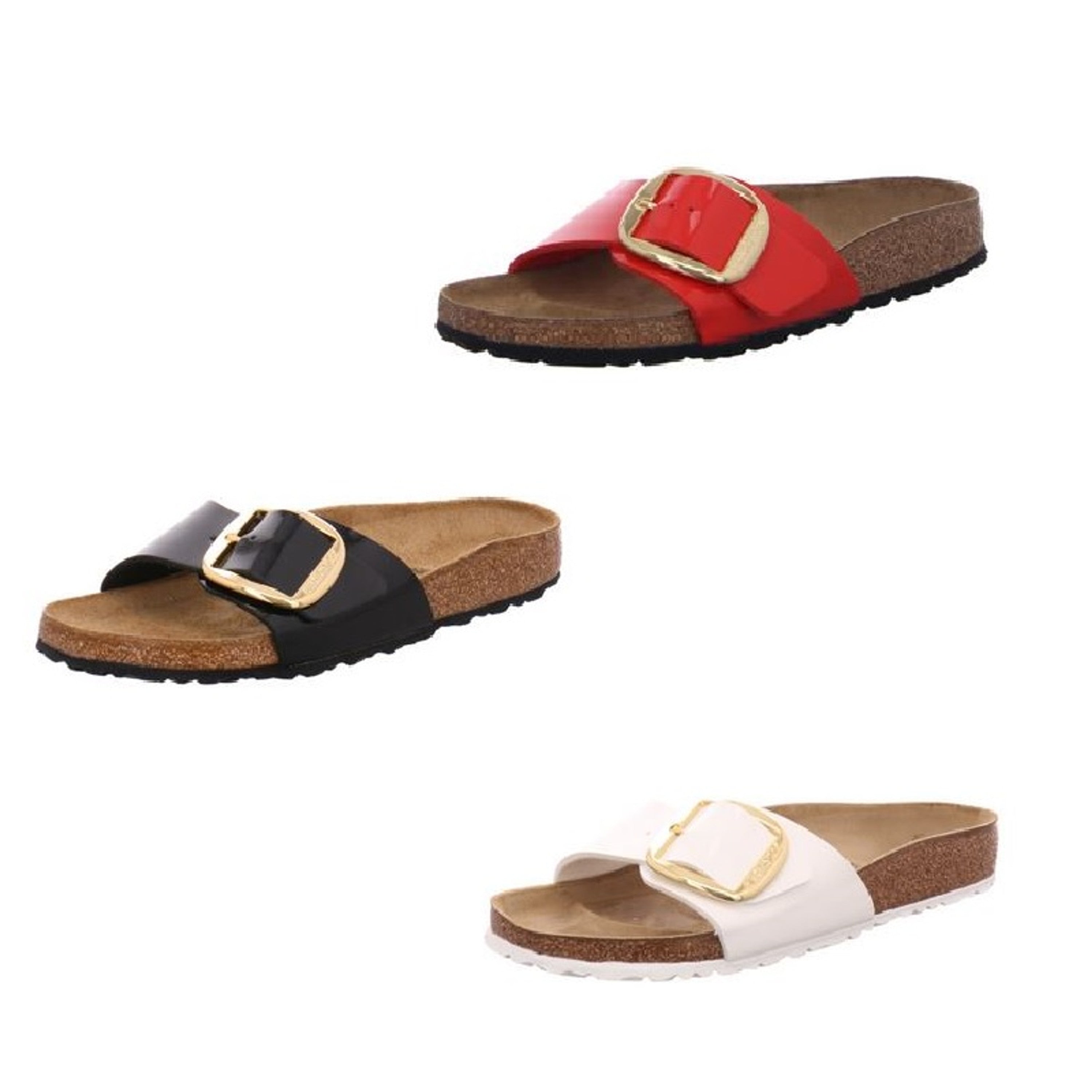 Birkenstock Madrid Big Buckle Patent Black White Cherry Slides Sandals Mules New - Bartel-Shop