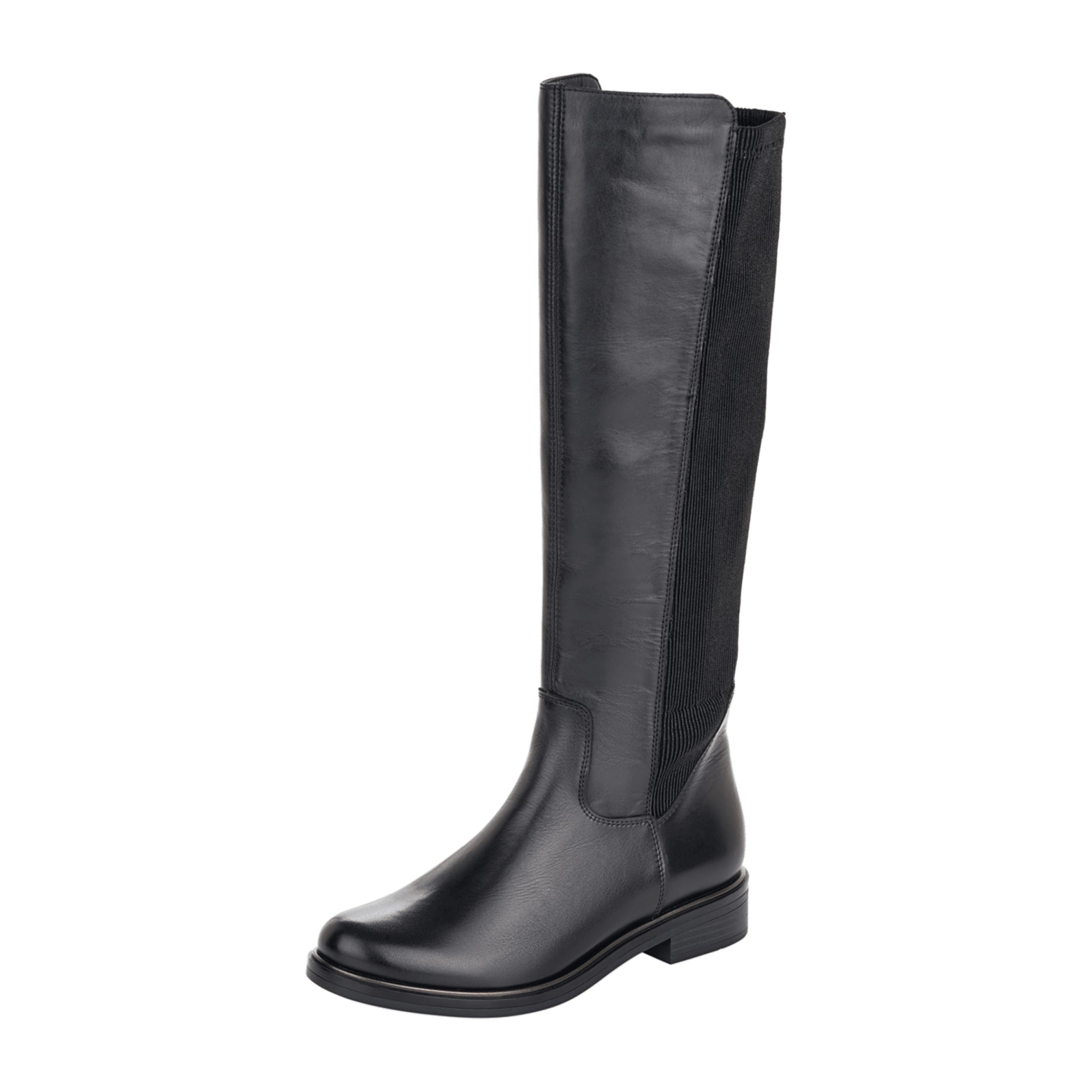 Remonte Women's Black Leather Knee-High Boots with Stretch and Zipper