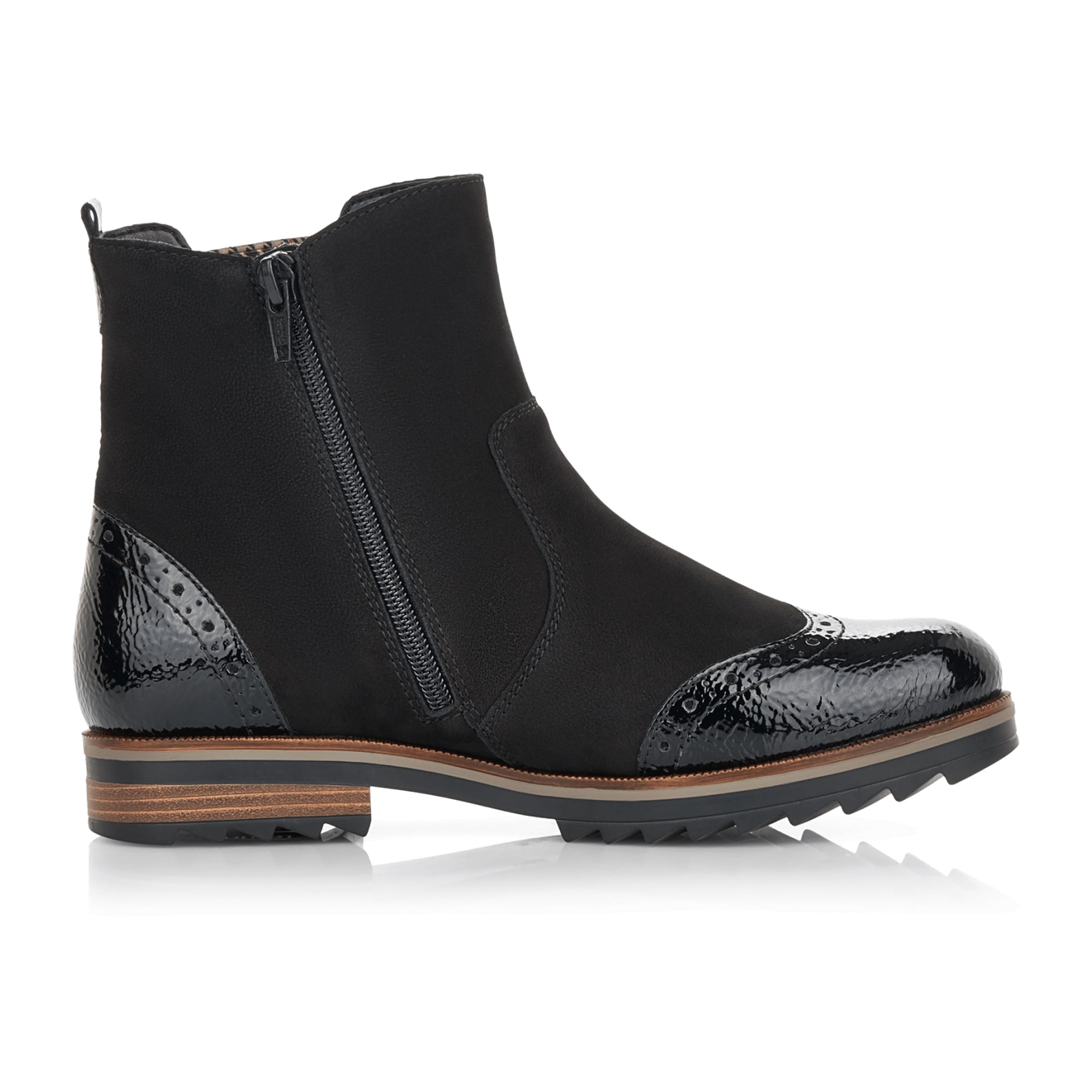 Remonte Women's Black Leather Ankle Boots with Block Heel and Zip Closure