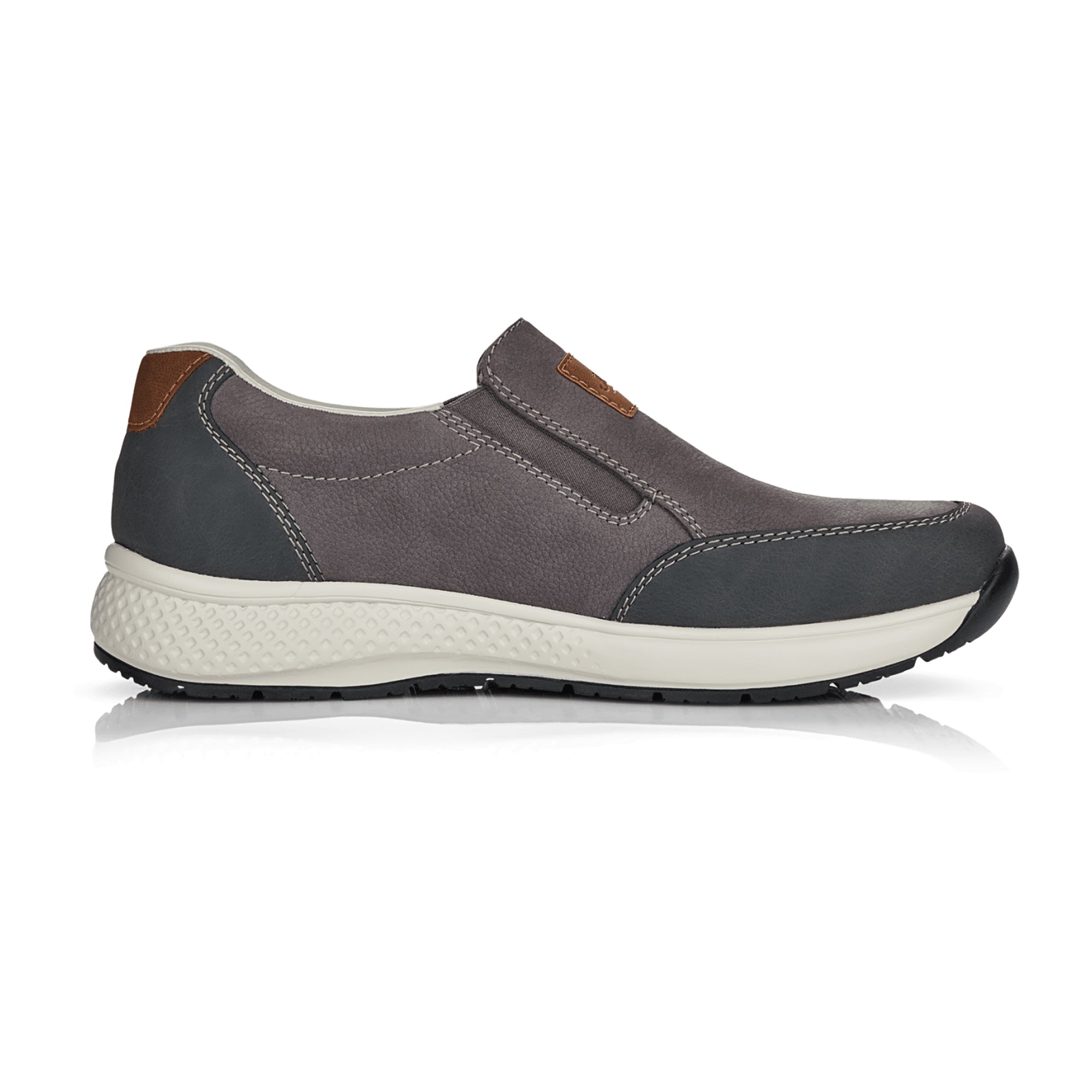 Rieker B7658 Mens Gray Leather Slip-On Shoes with Elastic Insert and Soft Insole