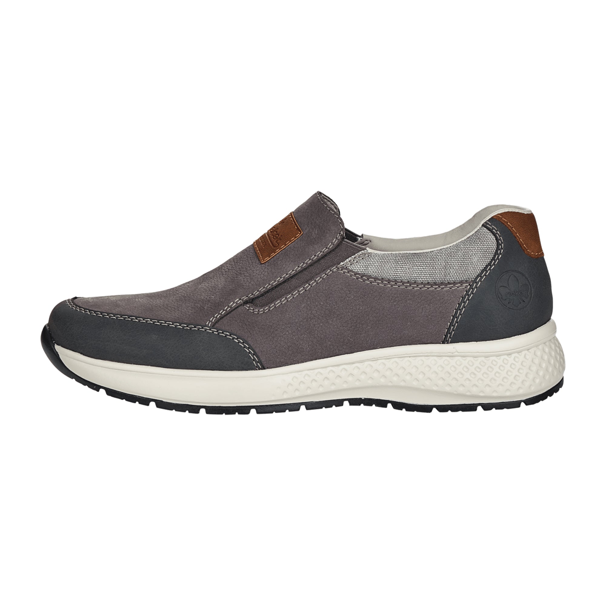 Rieker B7658 Mens Gray Leather Slip-On Shoes with Elastic Insert and Soft Insole