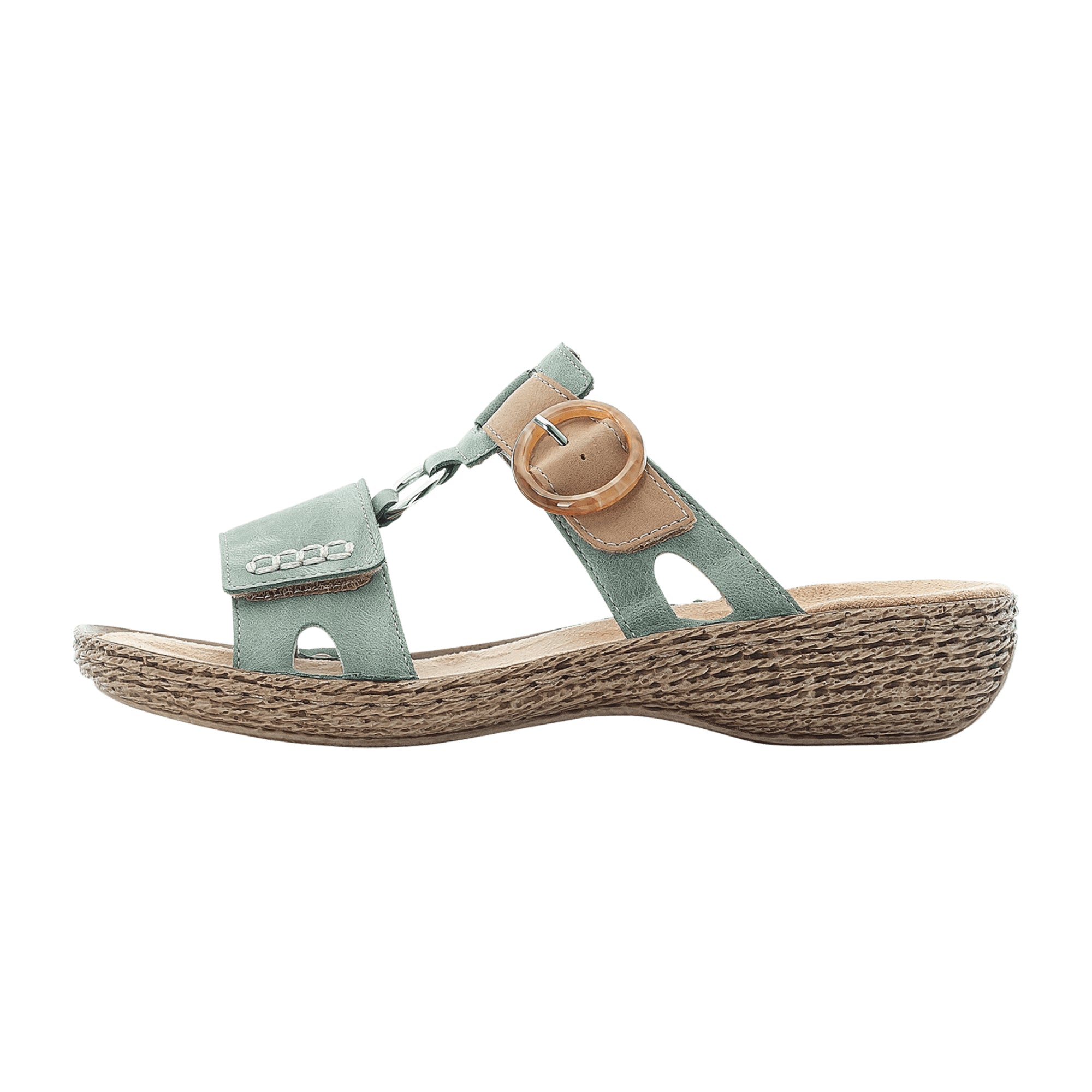 Rieker Women's Green Slip-On Sandals with 30mm Heel and Velcro Closure
