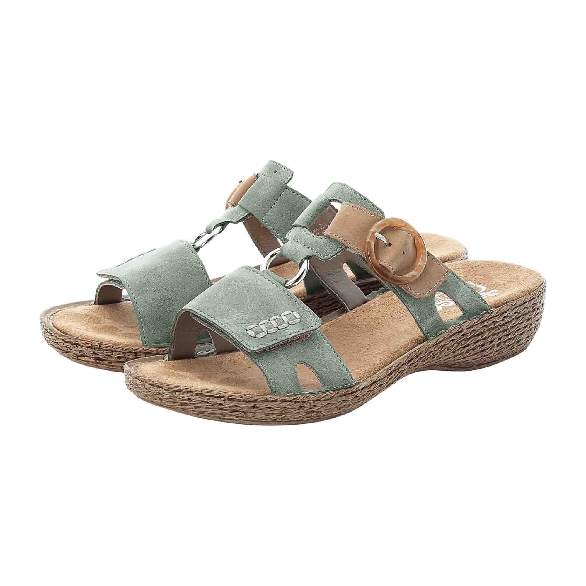 Rieker Women's Green Slip-On Sandals with 30mm Heel and Velcro Closure