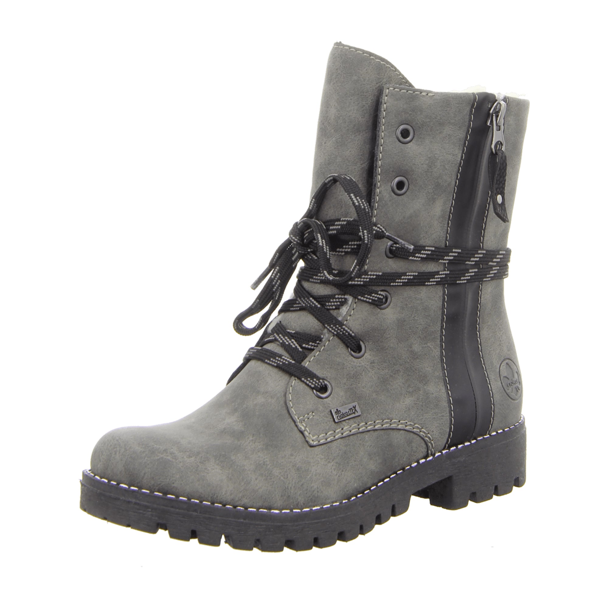 Rieker Women's Grey Lace-Up Ankle Boots with Warm Lining and Side Zip