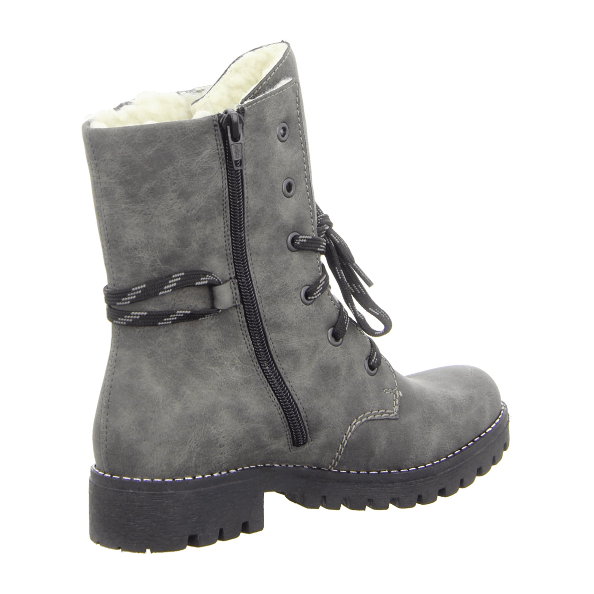 Rieker Women's Grey Lace-Up Ankle Boots with Warm Lining and Side Zip