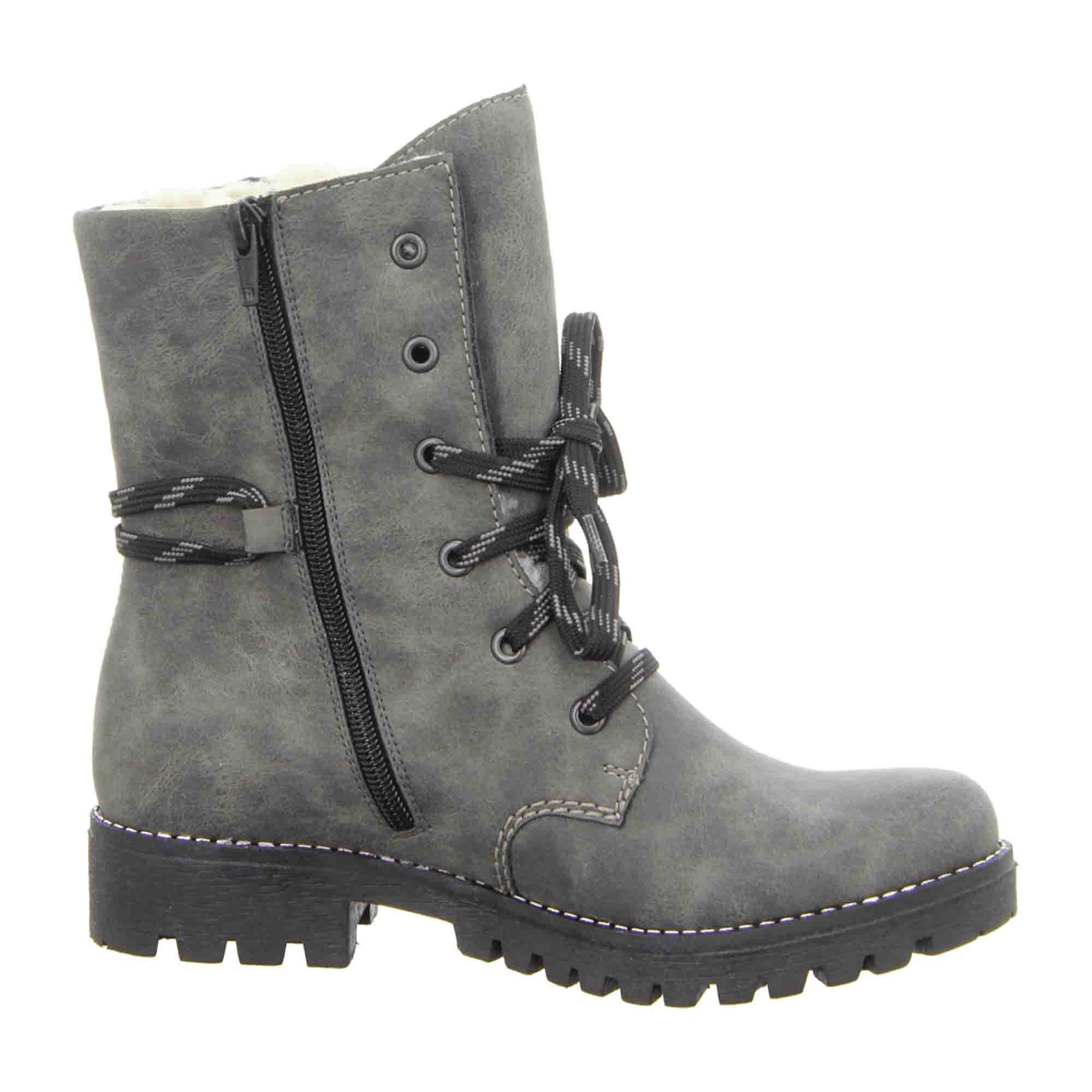 Rieker Women's Grey Lace-Up Ankle Boots with Warm Lining and Side Zip