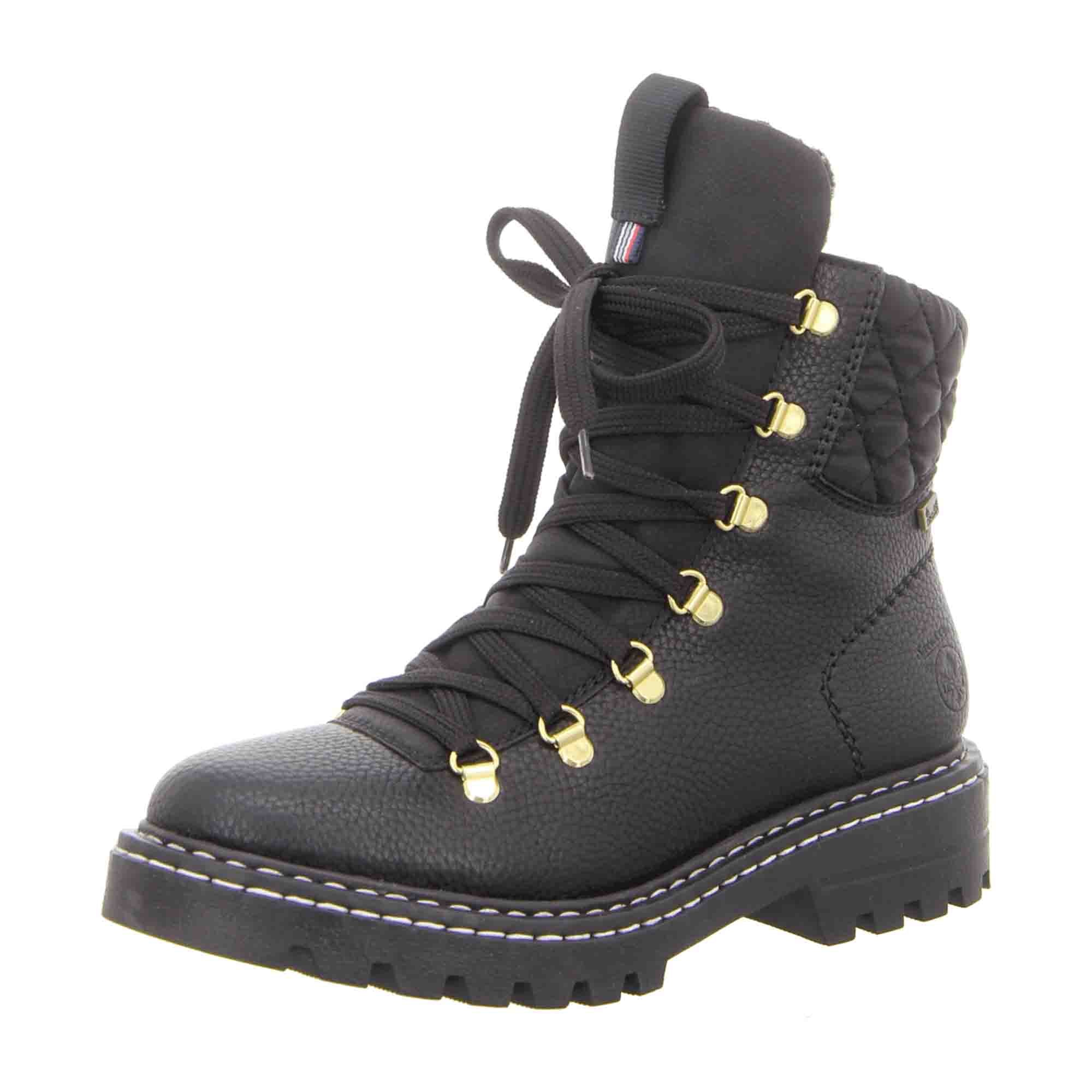 Rieker HWK Ladies Black Biker Boots with Quilted Shaft and Gold Accents